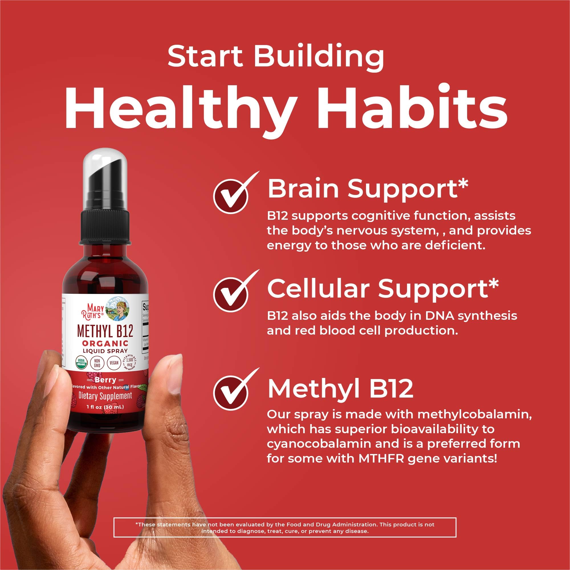 MARYRUTH'S Organic Methyl B12 Spray | 1,500 mcg B12 Per Serving | Methylcobalamin | Energy Metabolism | Cognitive Function | Neuro Health | Vegan | Gluten Free | Sugar Free | 1 Fl Oz