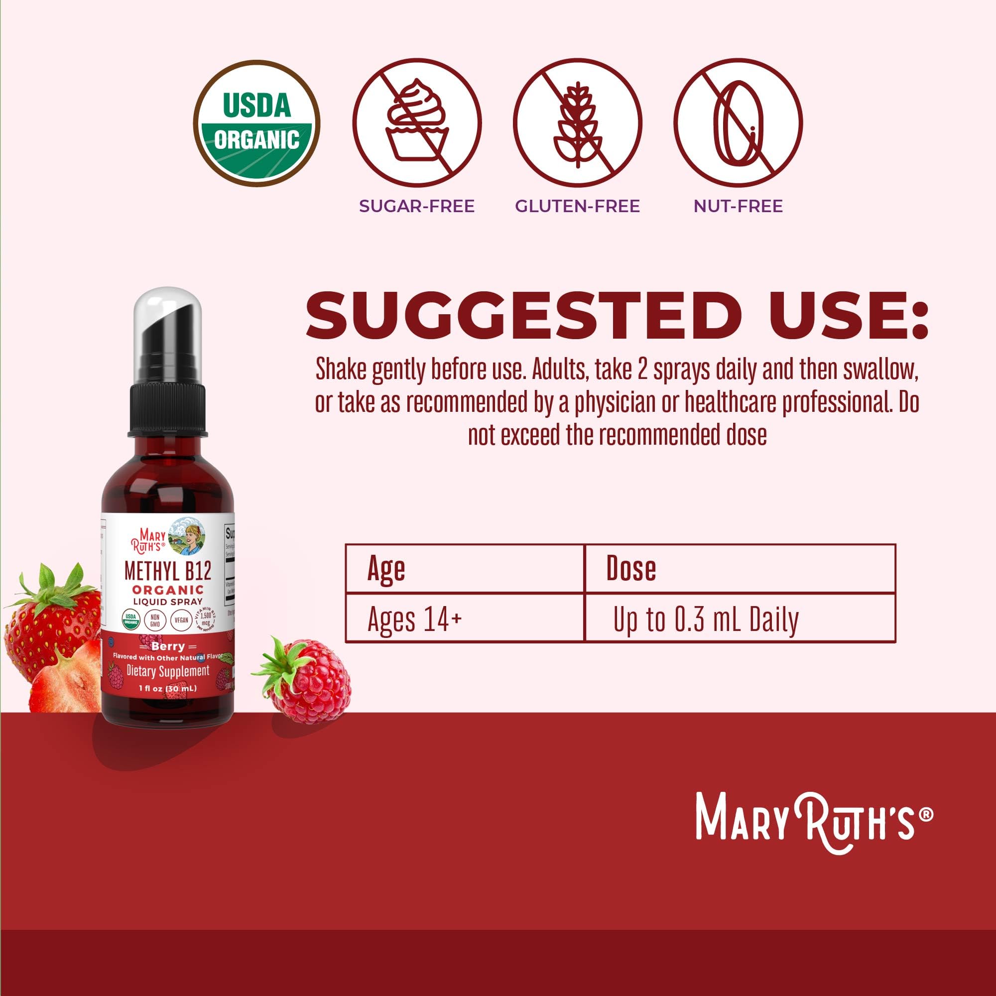 MARYRUTH'S Organic Methyl B12 Spray | 1,500 mcg B12 Per Serving | Methylcobalamin | Energy Metabolism | Cognitive Function | Neuro Health | Vegan | Gluten Free | Sugar Free | 1 Fl Oz