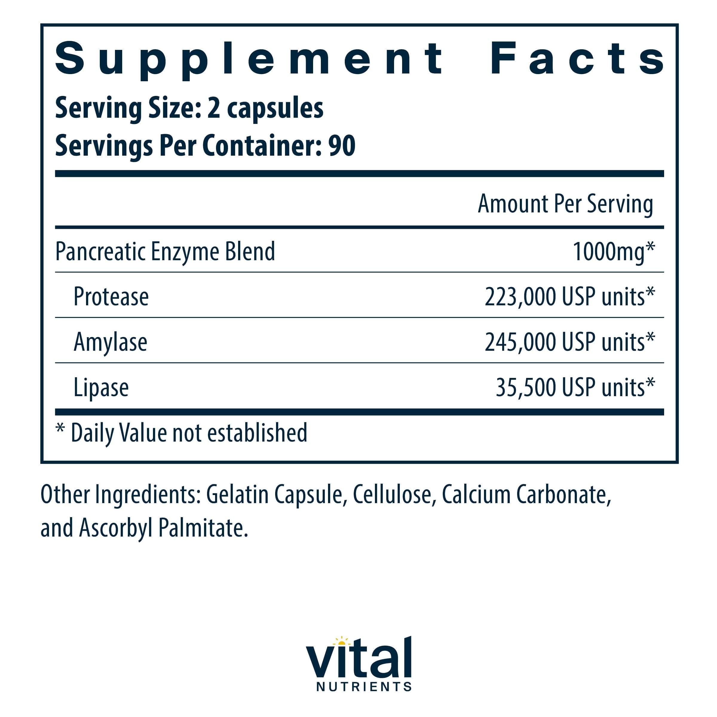 Vital Nutrients Pancreatic Enzymes 1000mg (Full Strength) - Pancreatin Digestion Supplement with Protease, Amylase & Lipase - Digestive Enzymes - Gluten, Dairy, and Soy Free - 180 Capsules