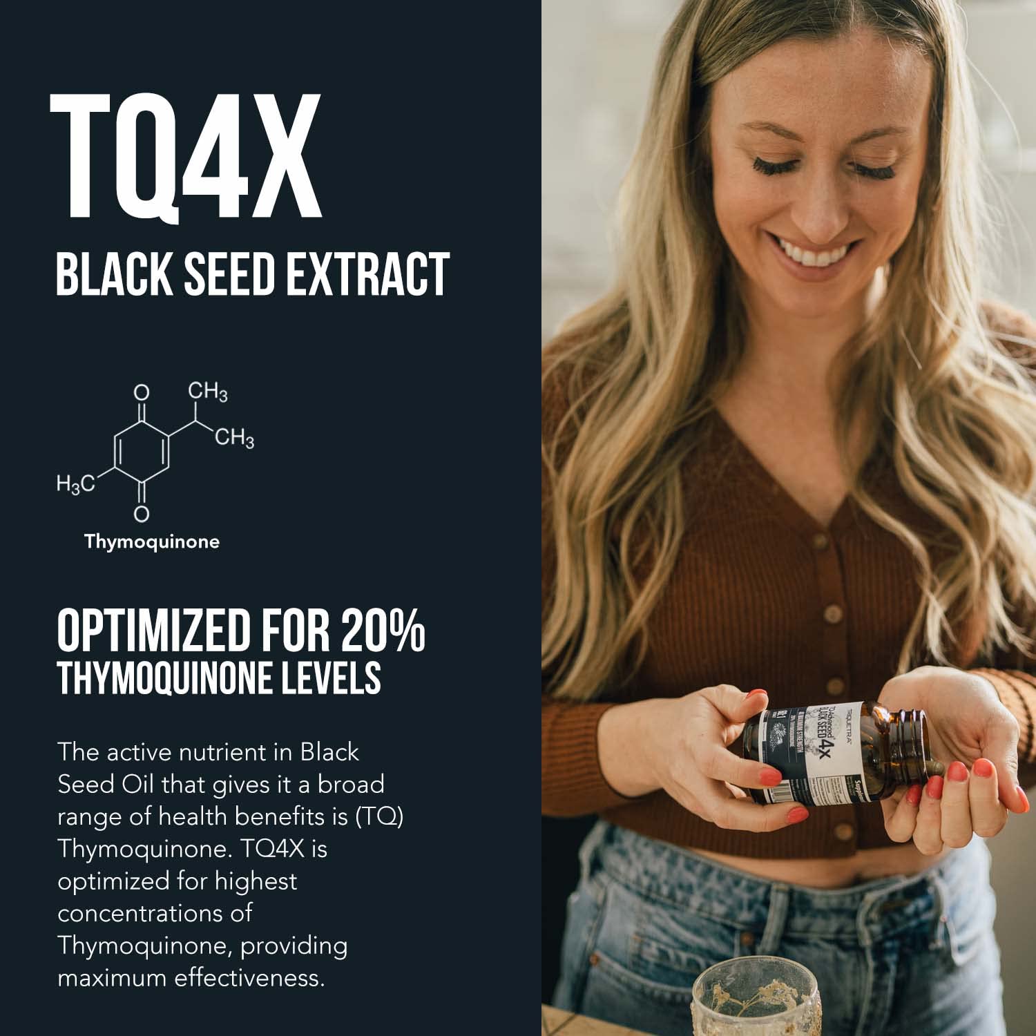 20% Thymoquinone Black Seed Oil Extract Capsules - TQ-Advanced 4X®: Potent Thymoquinone Concentration Available - 60:1 Concentrate from Nigella Sativa, Raw Form, Vegan, Glass Bottle (60 Capsules)