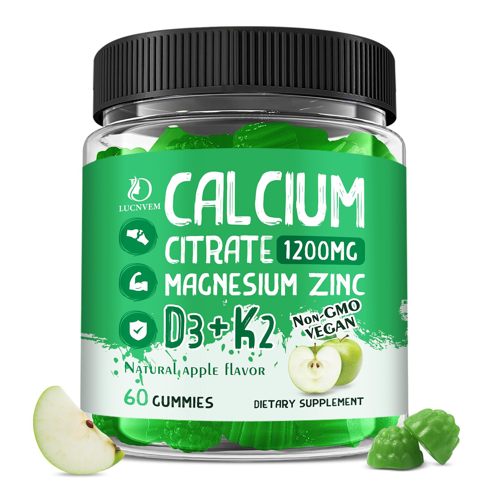 Calcium Citrate 1200 mg with Vitamin D3 Gummies, Calcium Citrate Magnesium Zinc with Vitamin D3 Supplement for Women & Men Bone & Teeth Support, Natural Apple Flavor - 30 Day Vegan Supply