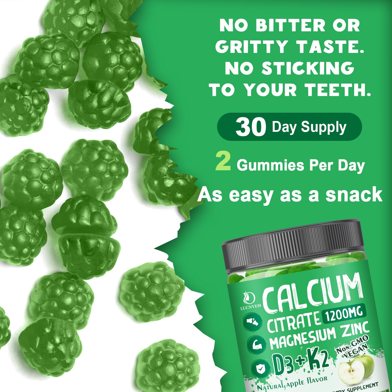 Calcium Citrate 1200 mg with Vitamin D3 Gummies, Calcium Citrate Magnesium Zinc with Vitamin D3 Supplement for Women & Men Bone & Teeth Support, Natural Apple Flavor - 30 Day Vegan Supply