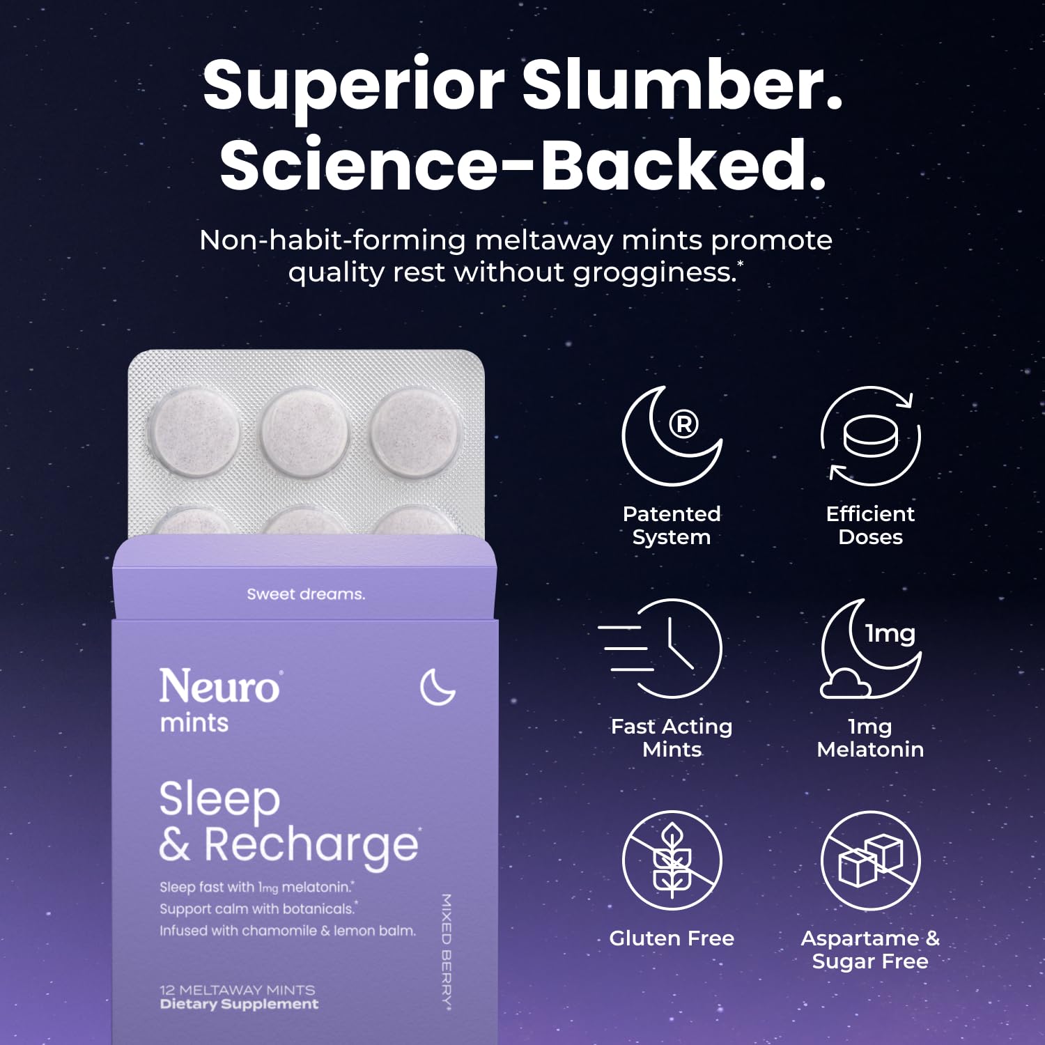 Neuro Sleep & Recharge Meltaway Mints - Contains Melatonin 1 mg, Chamomile & Elderberry - Travel Aid for Nighttime Relaxation & Healthy Sleep Cycle - Mixed Berry, 72 ct