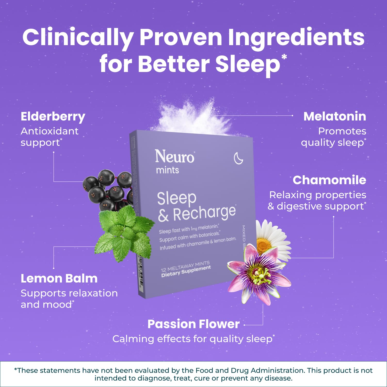 Neuro Sleep & Recharge Meltaway Mints - Contains Melatonin 1 mg, Chamomile & Elderberry - Travel Aid for Nighttime Relaxation & Healthy Sleep Cycle - Mixed Berry, 72 ct