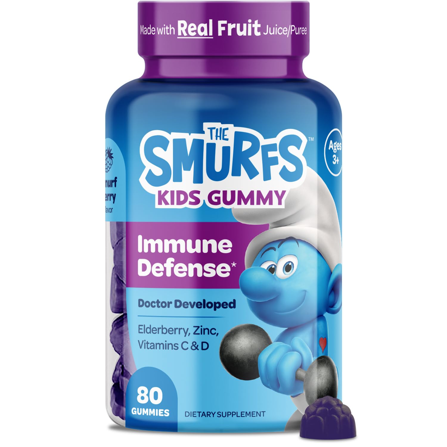 The Smurfs Immune Support Supplement Vitamins for Kids with Elderberry, Zinc, Vitamin C & D for Immune Defense Age 3+ | Made with Real Fruit in a Smurf Berry | Doctor Developed & Non-GMO | 80 Gummies