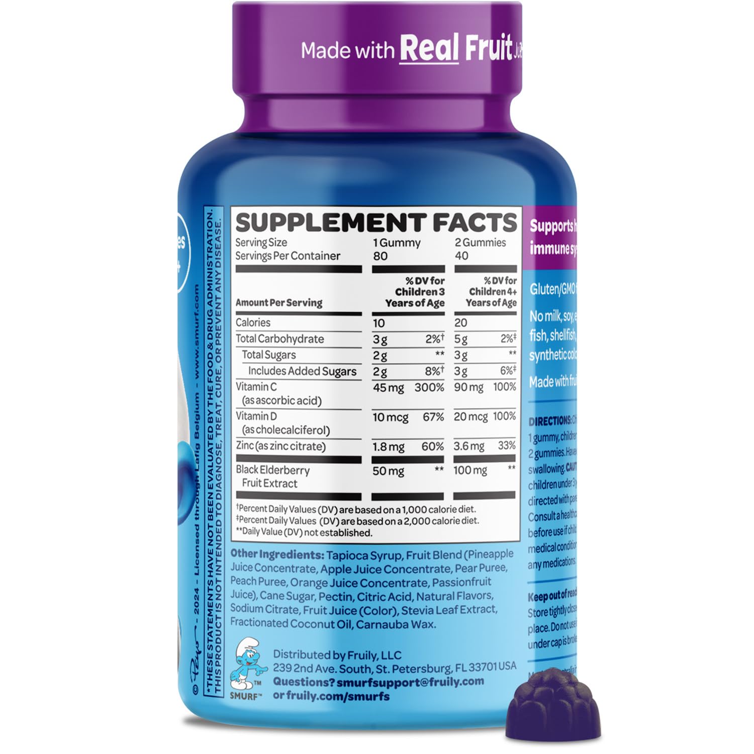 The Smurfs Immune Support Supplement Vitamins for Kids with Elderberry, Zinc, Vitamin C & D for Immune Defense Age 3+ | Made with Real Fruit in a Smurf Berry | Doctor Developed & Non-GMO | 80 Gummies