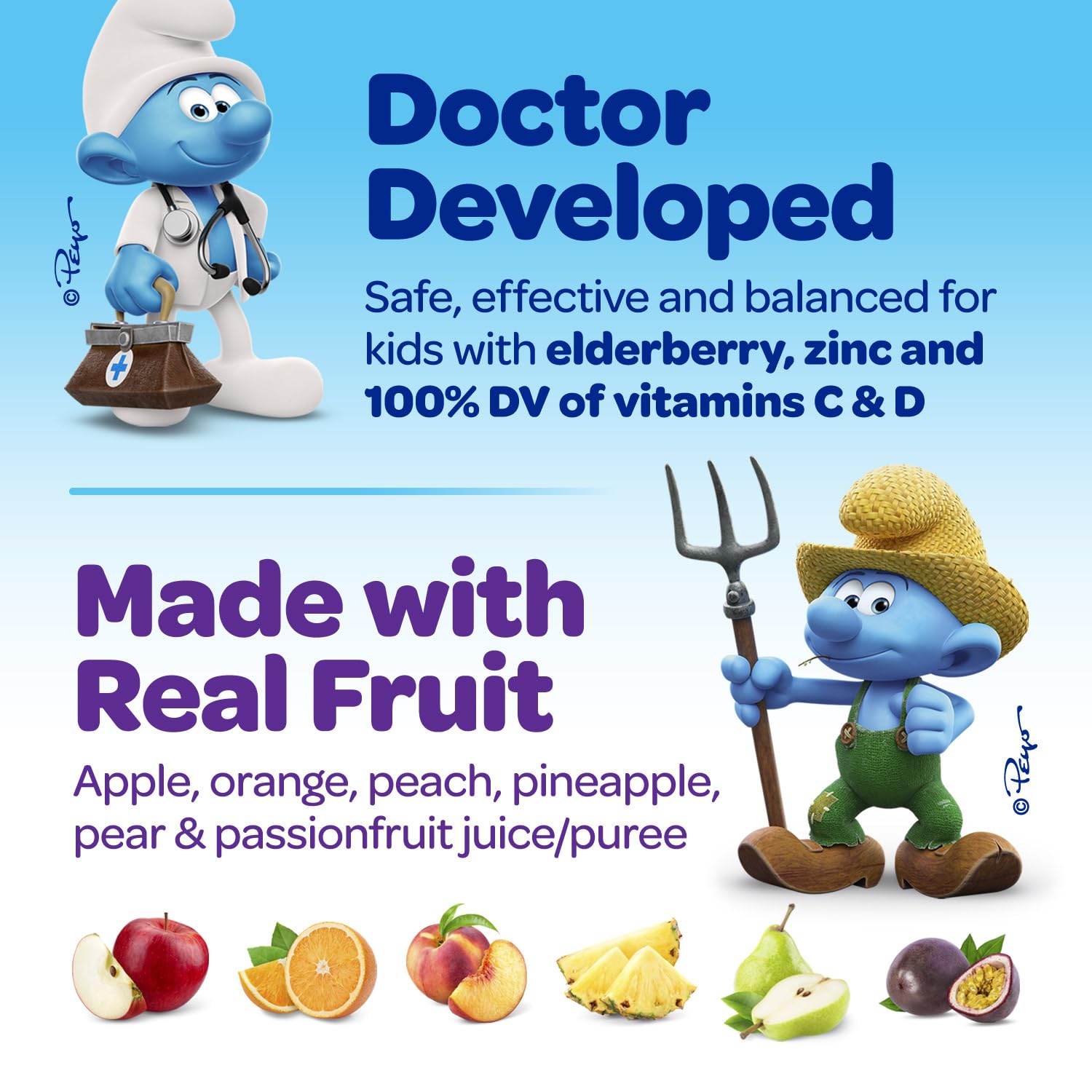 The Smurfs Immune Support Supplement Vitamins for Kids with Elderberry, Zinc, Vitamin C & D for Immune Defense Age 3+ | Made with Real Fruit in a Smurf Berry | Doctor Developed & Non-GMO | 80 Gummies