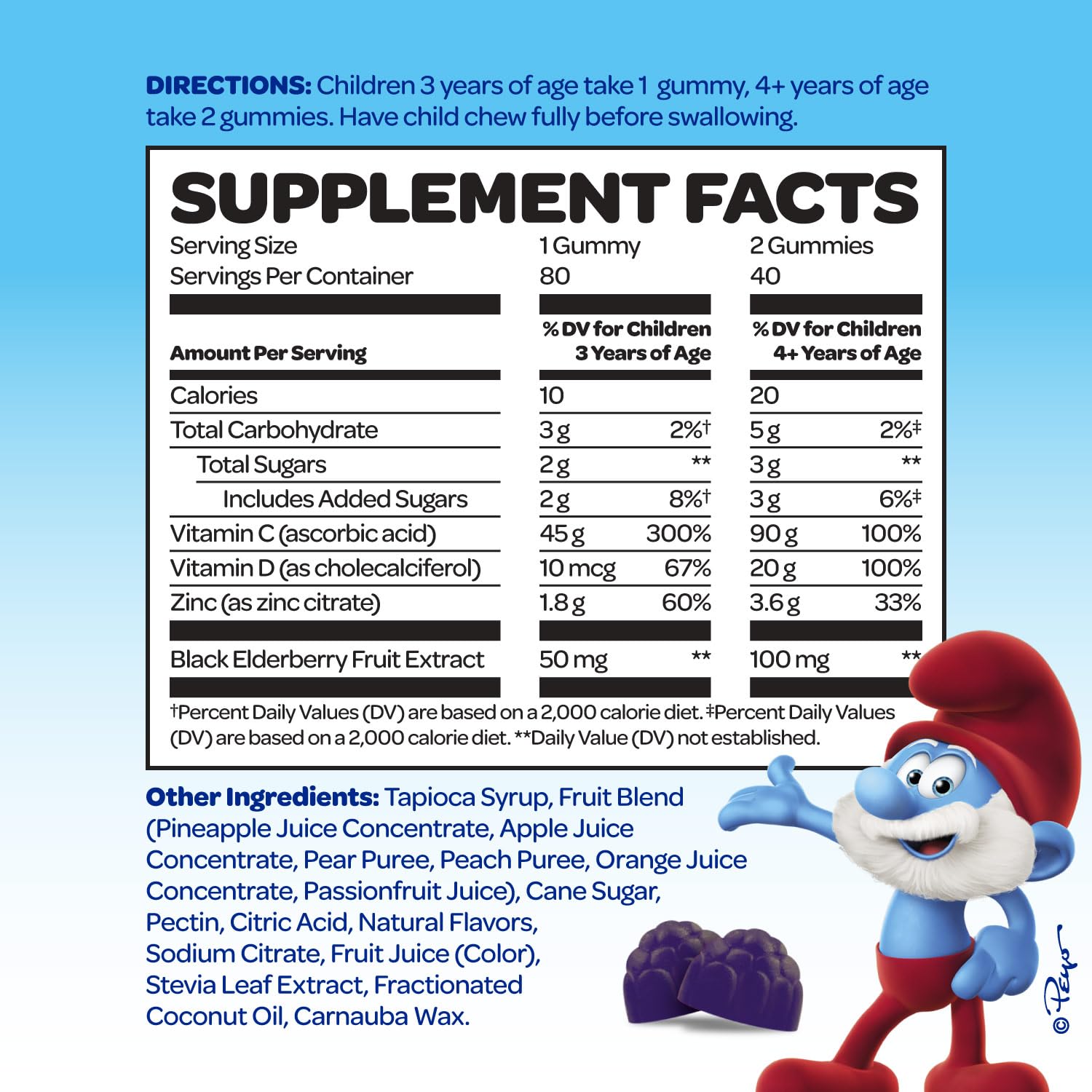 The Smurfs Immune Support Supplement Vitamins for Kids with Elderberry, Zinc, Vitamin C & D for Immune Defense Age 3+ | Made with Real Fruit in a Smurf Berry | Doctor Developed & Non-GMO | 80 Gummies