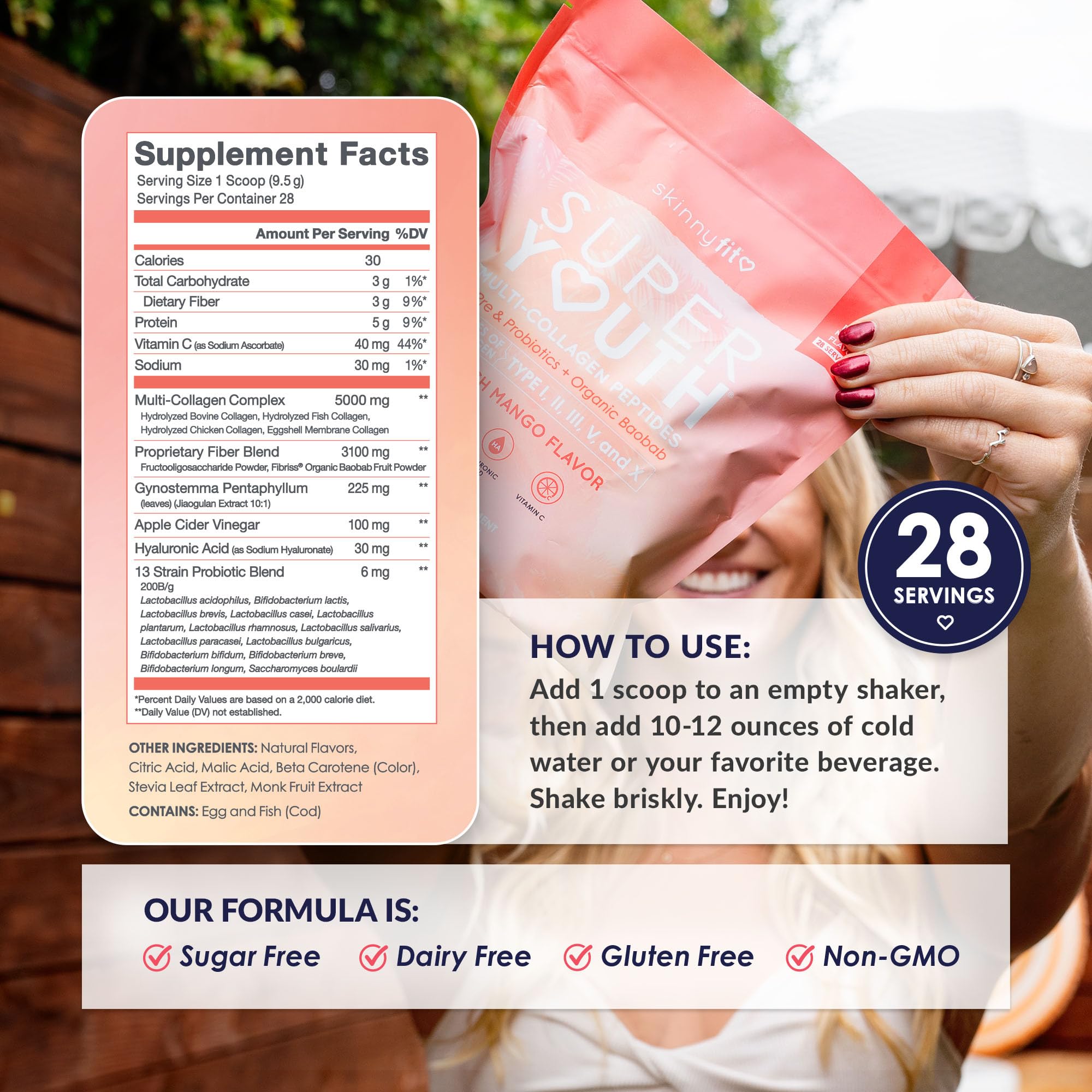 SkinnyFit - Super Youth Collagen for Women - Multi Collagen Peptides Powder - Probiotics, Fiber, Hyaluronic Acid - Non GMO, Gluten Free, Sugar Free - Beauty & Self Care - Peach Mango (28 Servings)