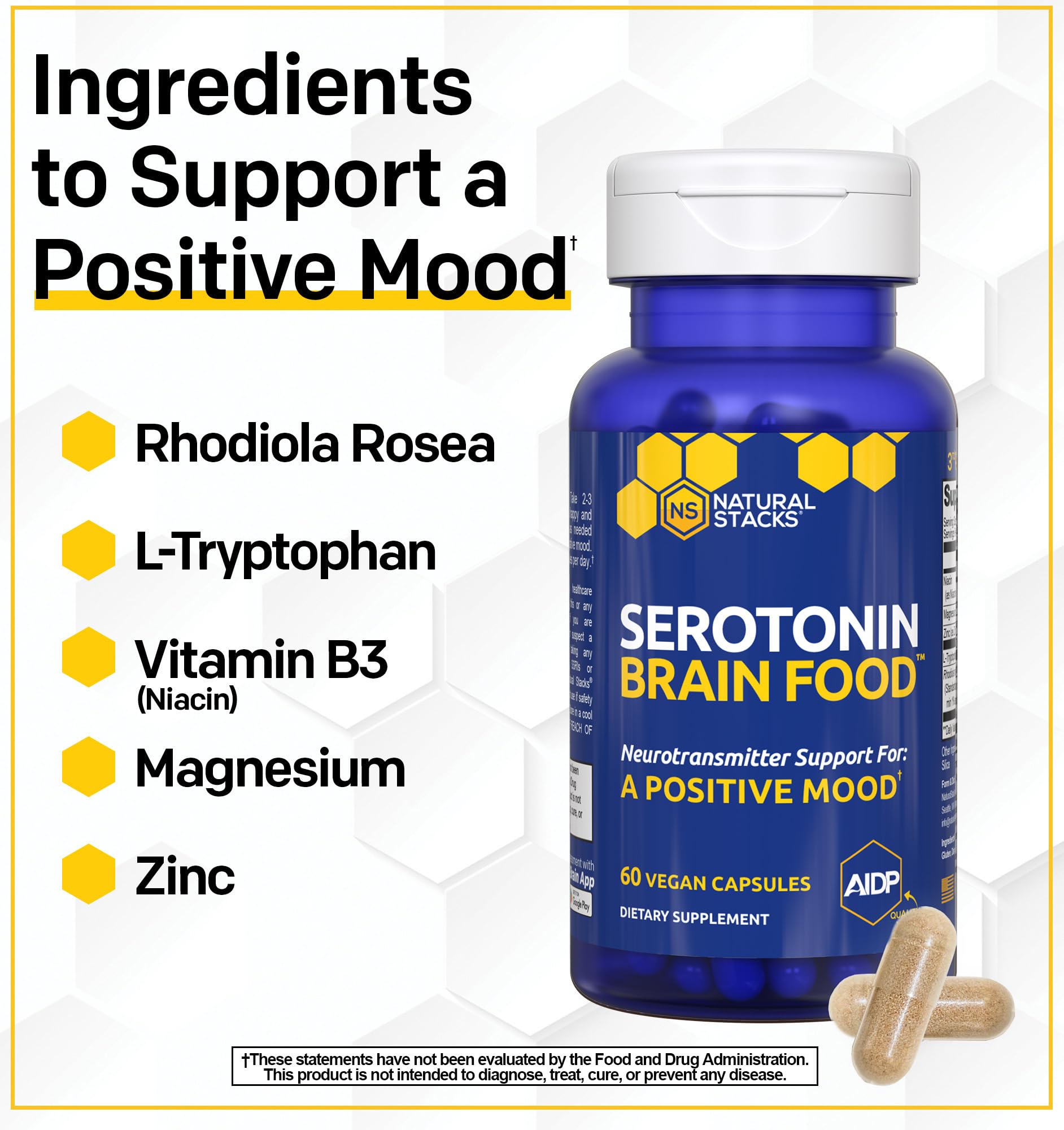 Serotonin Brain Food - 1250mg L-Tryptophan & 400mg Rhodiola Rosea Supplement - Mood Support Supplement for Stress Relief - Neurotransmitter Support with Magnesium Glycinate & Zinc - 60 Capsules