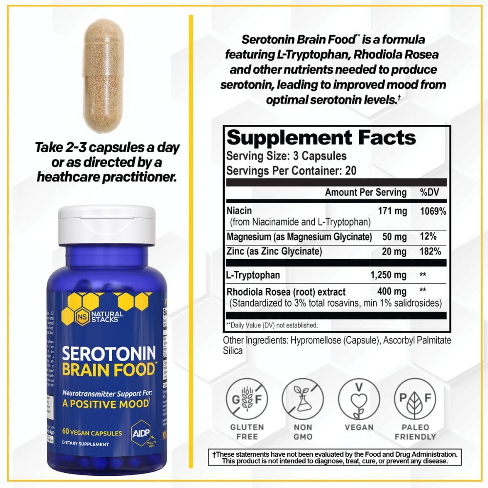Serotonin Brain Food - 1250mg L-Tryptophan & 400mg Rhodiola Rosea Supplement - Mood Support Supplement for Stress Relief - Neurotransmitter Support with Magnesium Glycinate & Zinc - 60 Capsules