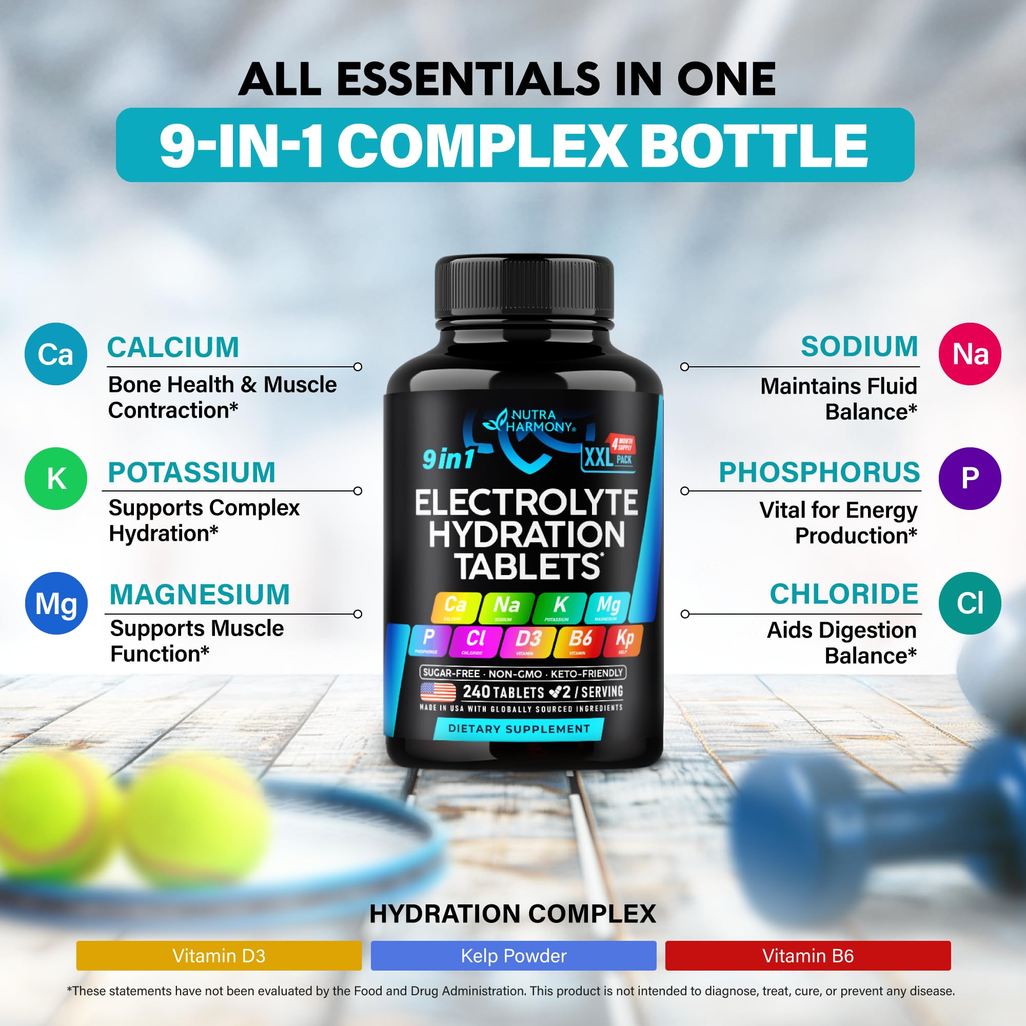 Electrolytes - Electrolyte Tablets with Magnesium, Sodium, Potassium, Chloride, Vitamins D3 & B6, Kelp Powder - Salt Pills - Made in USA - Oral Tablets as Capsules - Vegan & Keto Friendly - 240 Tabs