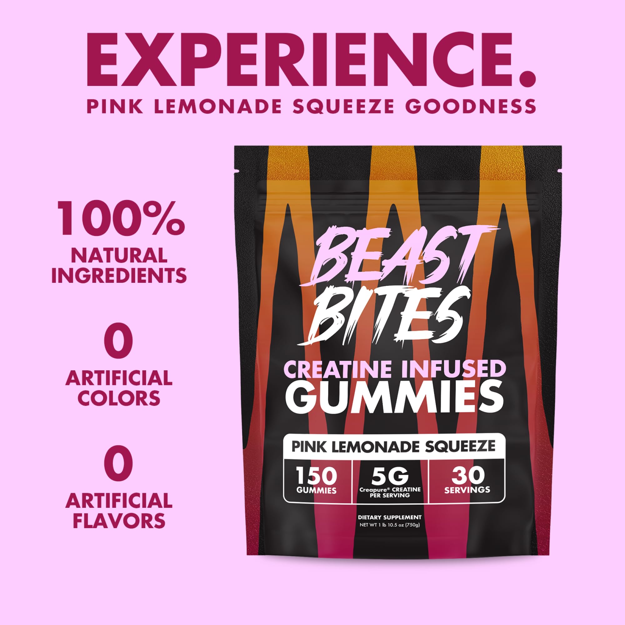 BEAST BITES - Creatine Infused Gummies - 5g Creapure Creatine Monohydrate Per Serving - NSF Certified for Sport - 30 Servings (Pink Lemonade)