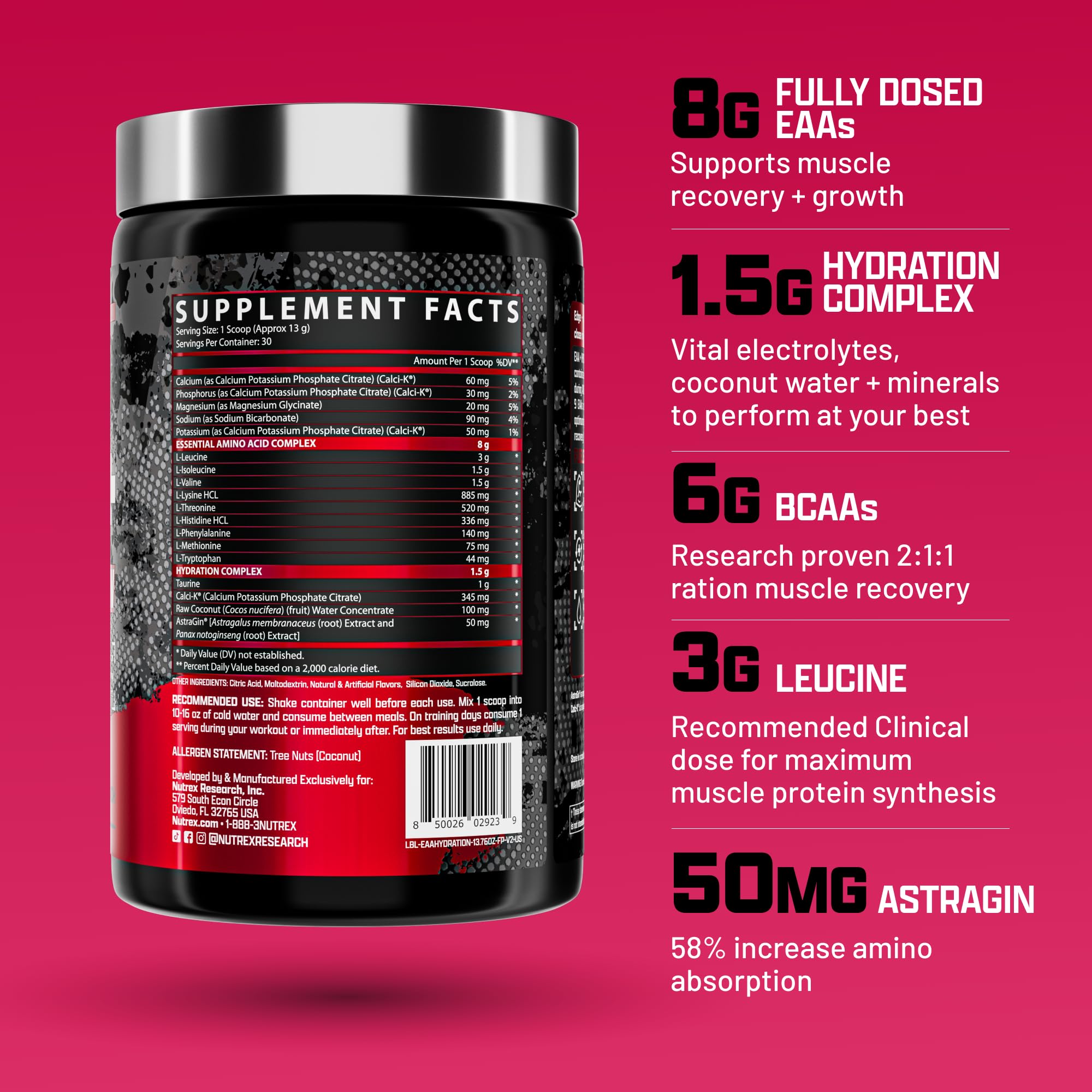 Nutrex Research EAA Hydration | EAAs + BCAA Powder | Muscle Recovery, Strength, Muscle Building, Endurance | 8G Essential Amino Acids + Electrolytes | 30 Servings (Fruit Punch)