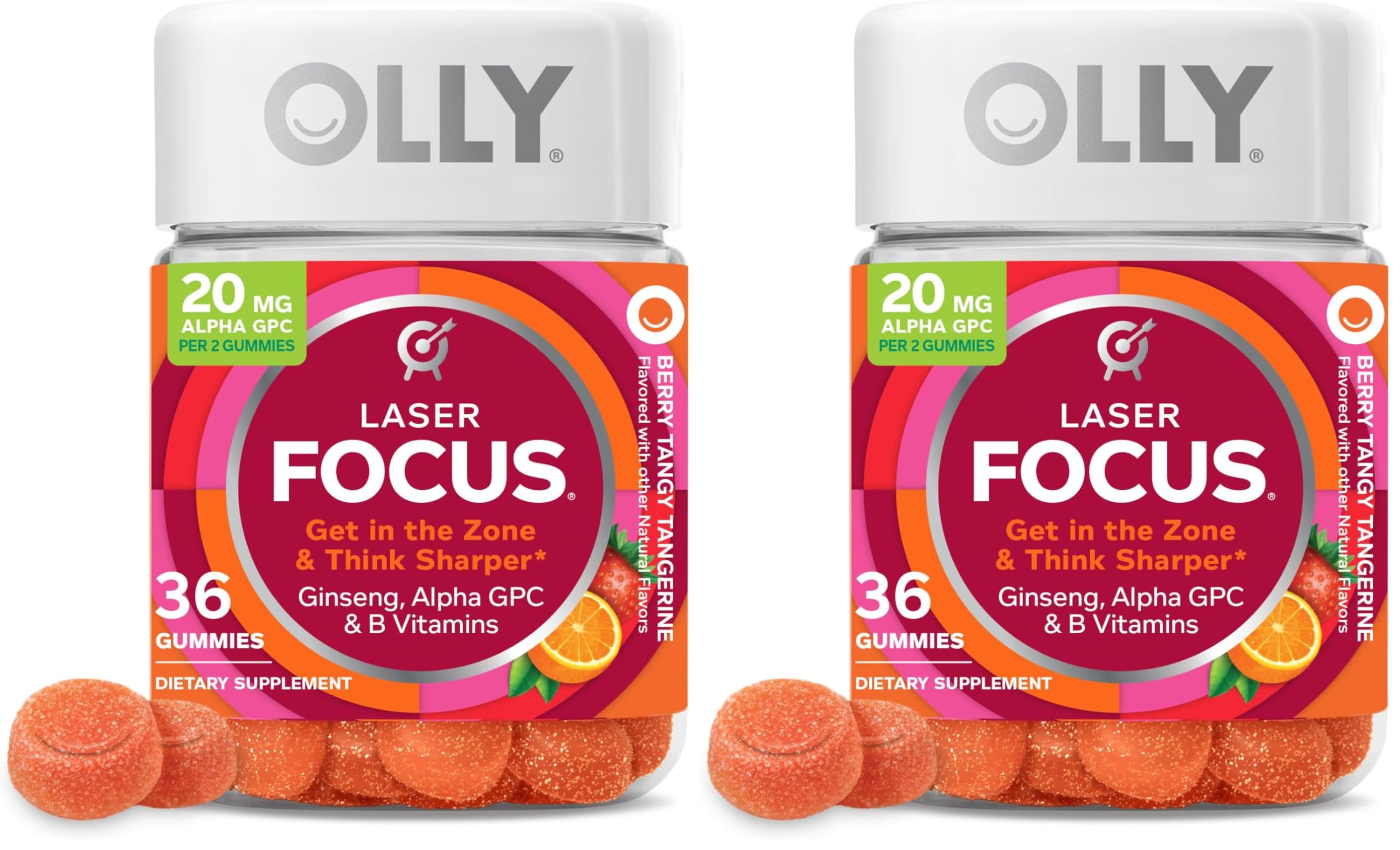 OLLY Laser Focus Gummy, Ginseng, Alpha GPC, B Vitamins, Berry Tangerine Flavor - 36 Count (Pack of 2)