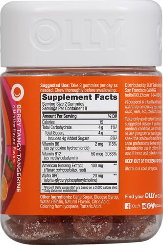 OLLY Laser Focus Gummy, Ginseng, Alpha GPC, B Vitamins, Berry Tangerine Flavor - 36 Count (Pack of 2)