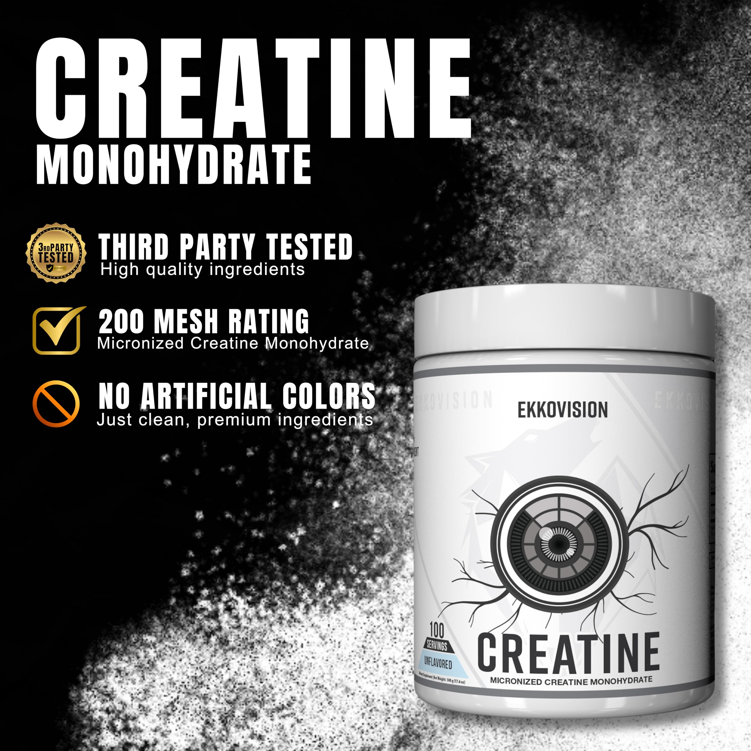 Ekkovision Creatine Monohydrate Powder, Micronized, Unflavored, Pre Workout & Post Workout Supplement for Men and Women, Energy Support, Easy to Mix in Shakes, Smoothies & Beverages, 100 Servings