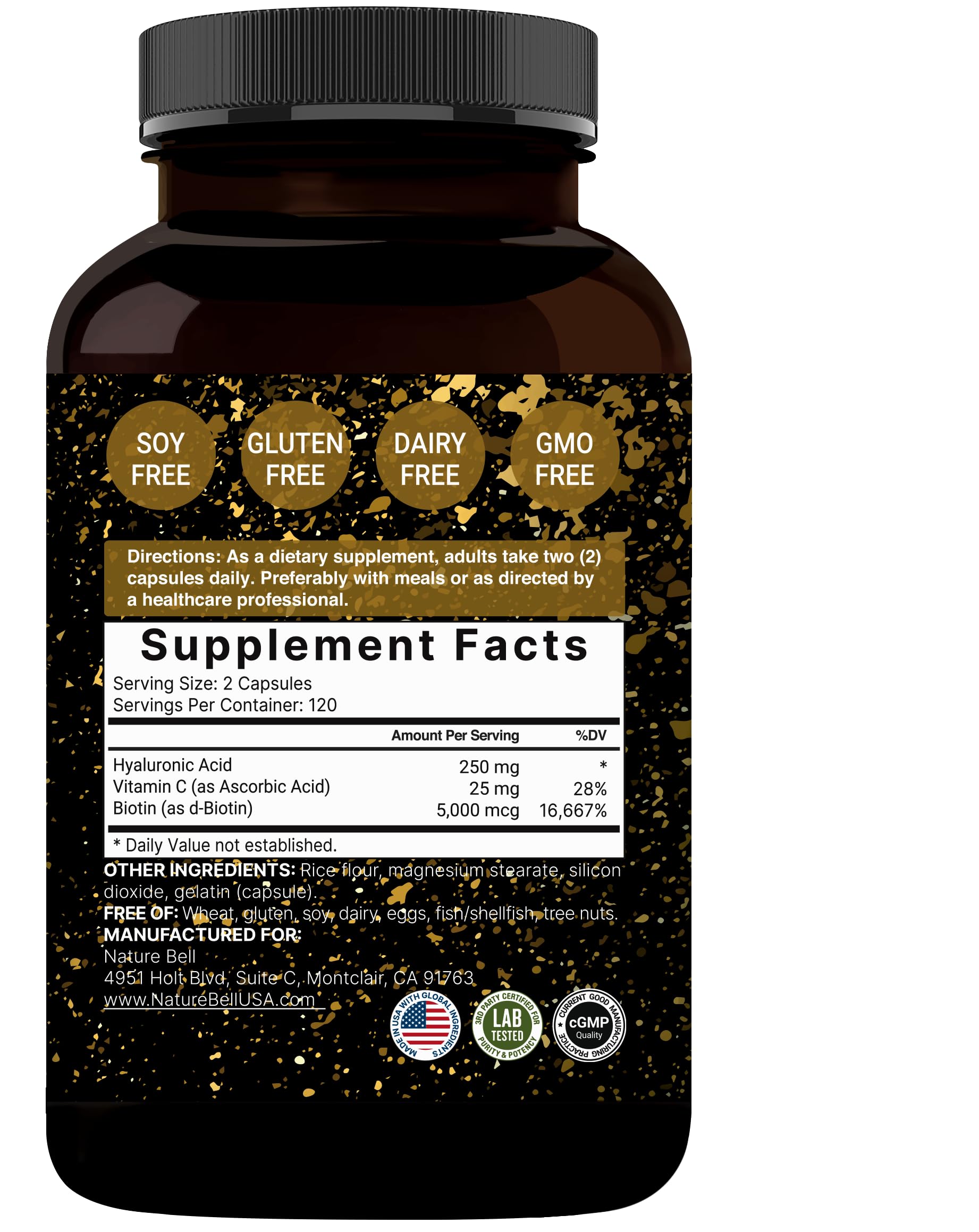 NatureBell 2 Pack Plant Based Hyaluronic Acid Supplements 250mg with 25mg Vitamin C & Biotin 5000mcg, 480 Total Capsules | Essential for Hair Growth, Joint Support, & Hydrating Skin | Non-GMO