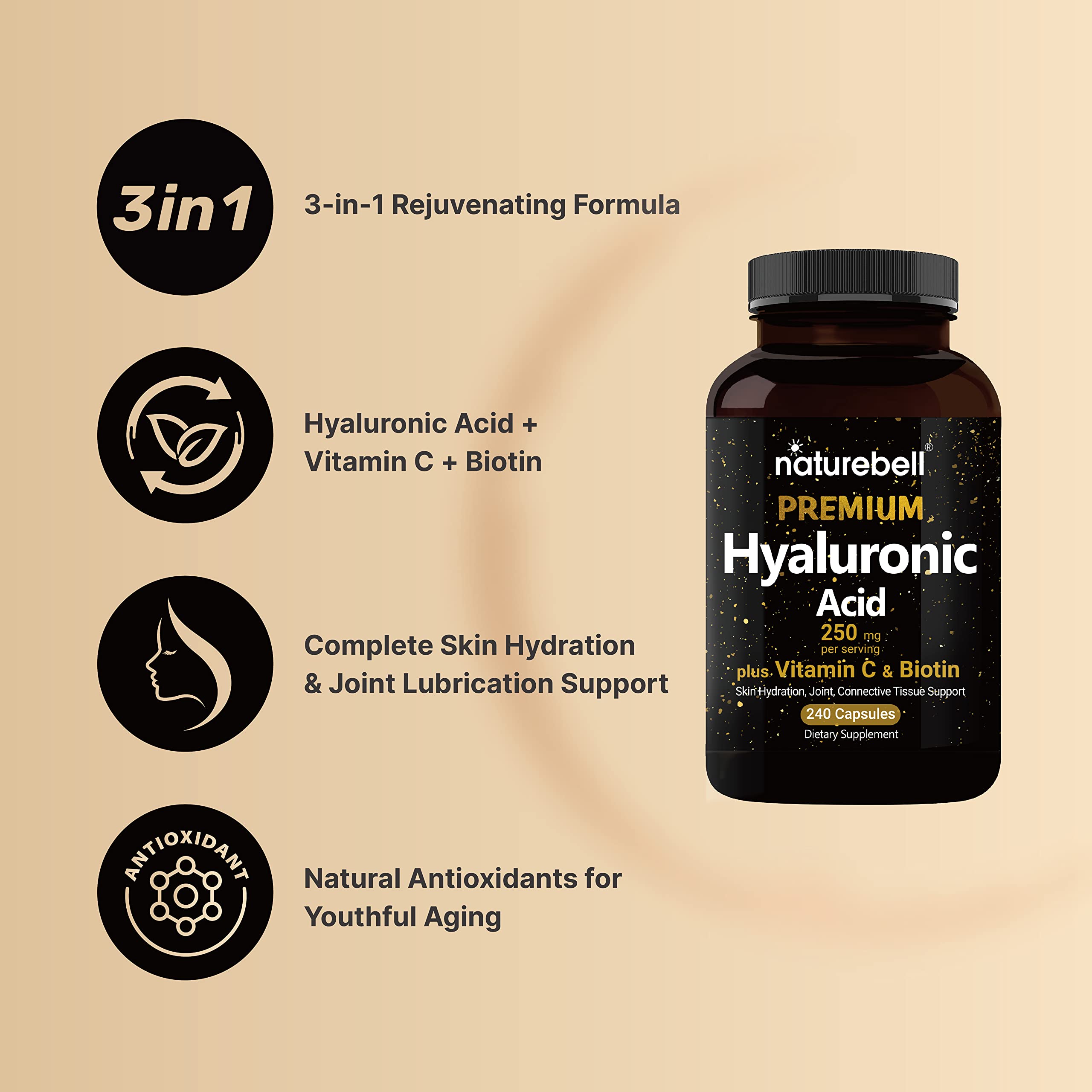 NatureBell 2 Pack Plant Based Hyaluronic Acid Supplements 250mg with 25mg Vitamin C & Biotin 5000mcg, 480 Total Capsules | Essential for Hair Growth, Joint Support, & Hydrating Skin | Non-GMO