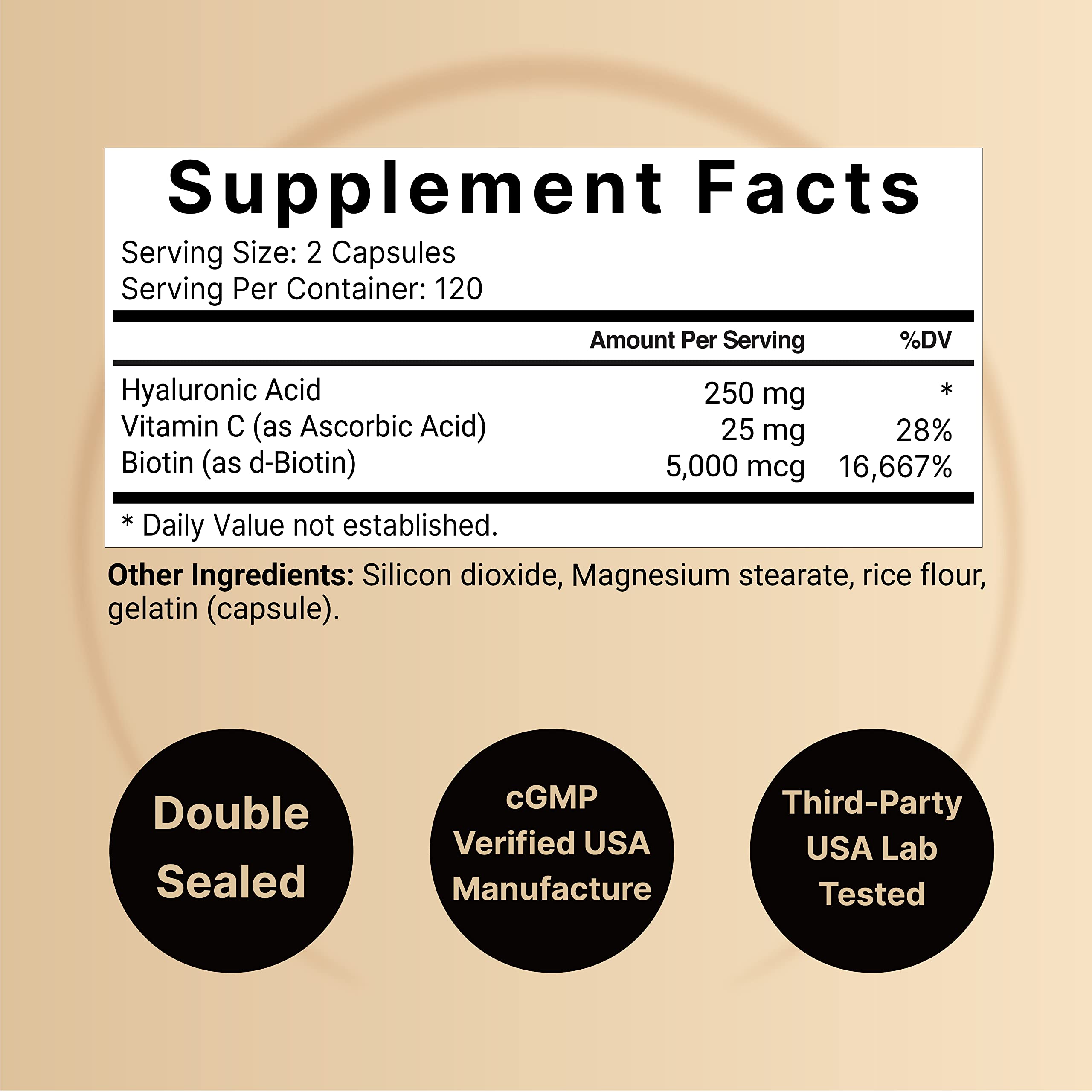 NatureBell 2 Pack Plant Based Hyaluronic Acid Supplements 250mg with 25mg Vitamin C & Biotin 5000mcg, 480 Total Capsules | Essential for Hair Growth, Joint Support, & Hydrating Skin | Non-GMO