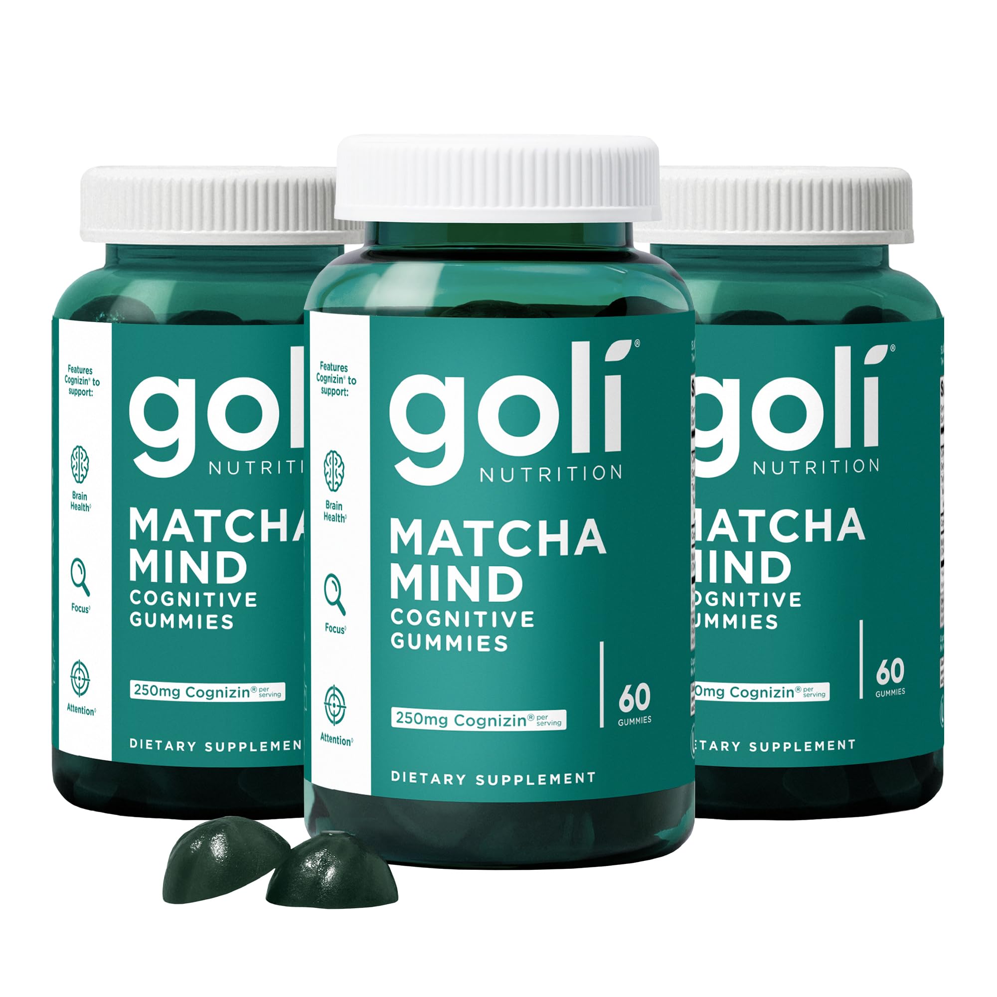 Goli Matcha Mind Gummies - 180 Count - Green Tea Leaves Powder with Cognizin for Focus, Attention and Brain Health, Vegan, Non-GMO, Gluten-Free & Gelatin Free.
