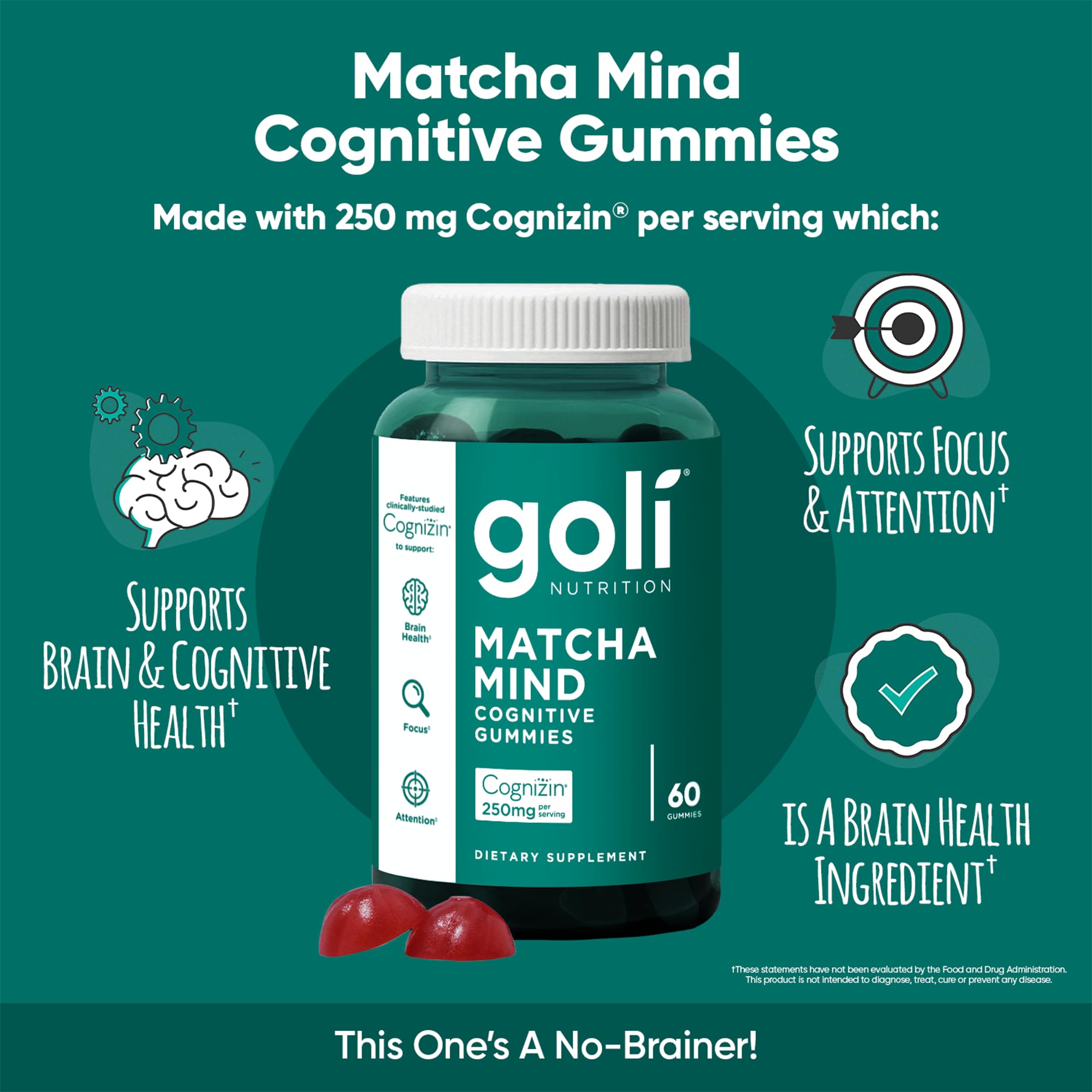 Goli Matcha Mind Gummies - 180 Count - Green Tea Leaves Powder with Cognizin for Focus, Attention and Brain Health, Vegan, Non-GMO, Gluten-Free & Gelatin Free.