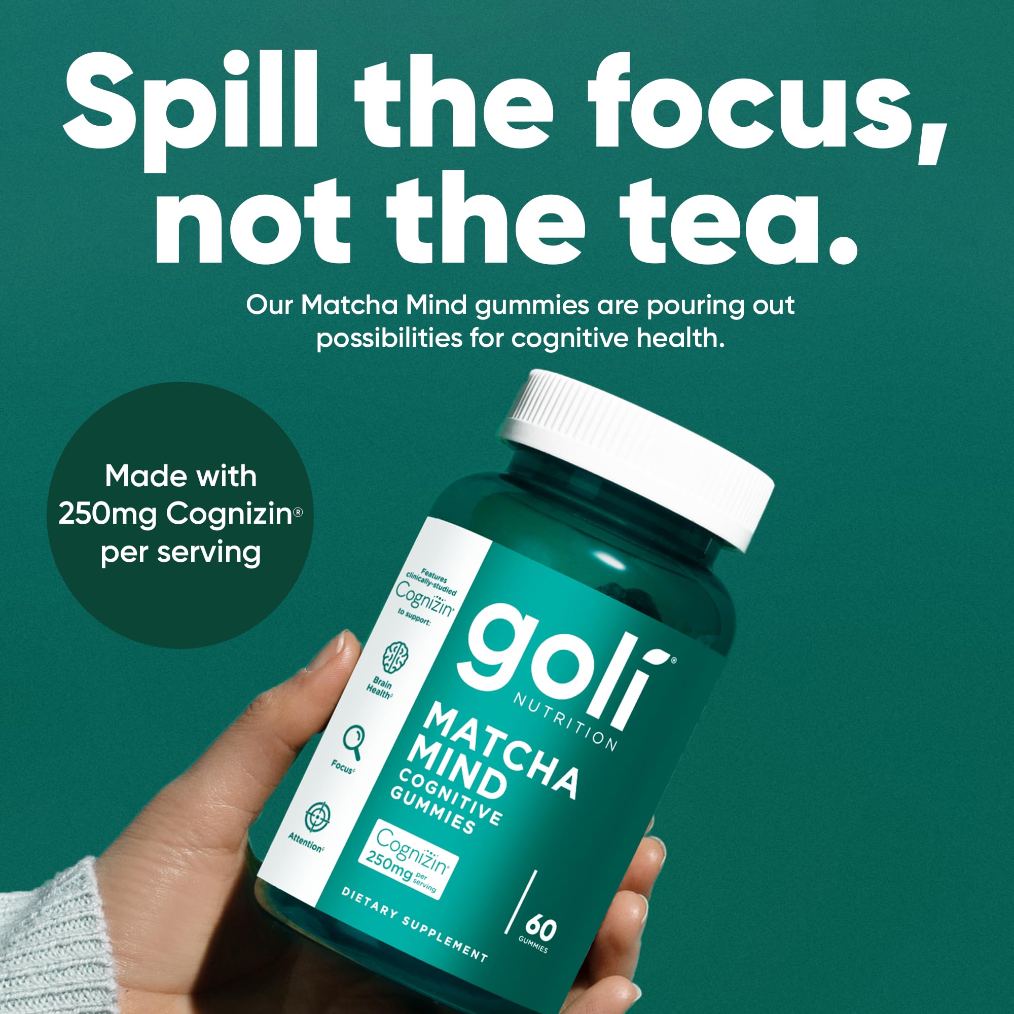 Goli Matcha Mind Gummies - 180 Count - Green Tea Leaves Powder with Cognizin for Focus, Attention and Brain Health, Vegan, Non-GMO, Gluten-Free & Gelatin Free.