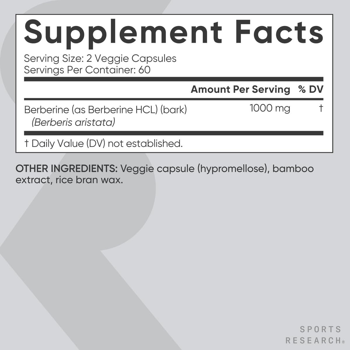 Sports Research Berberine - Herbal Ayurvedic Metabolic Health Support - 1000mg - 120 Capsules - Vegan Certified, Gluten-Free, Non-GMO