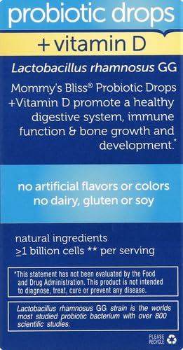 Mommy's Bliss Baby Probiotics + Vitamin D Drops,Supports Digestive Health & Immune Function*,400IU Vitamin D,Supports Bone Development*,Newborns+,Flavorless,0.34 Fl Oz (30 Servings),(Pack of 2)