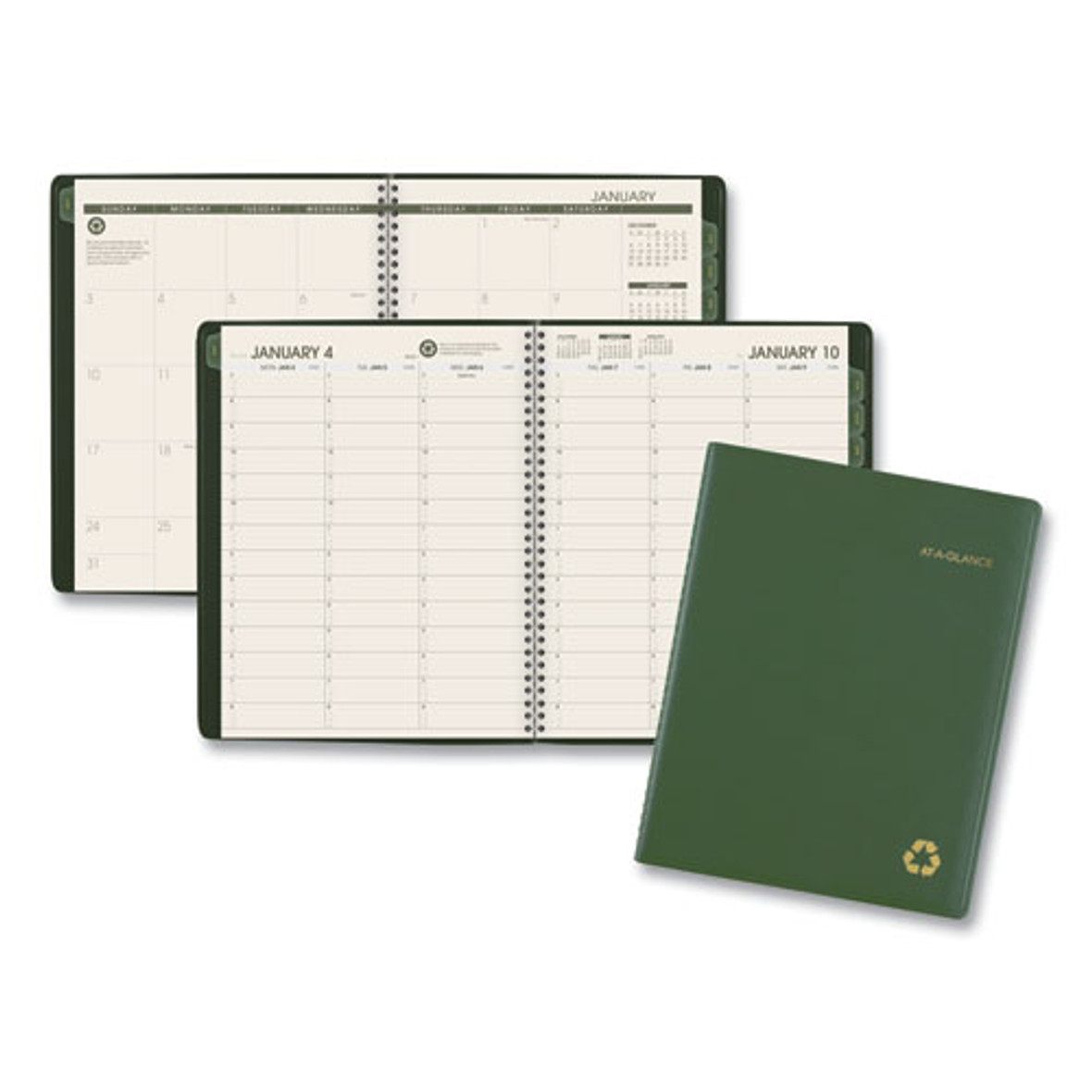 At-A-Glance® Recycled Weekly Vertical-Column Format Appointment Book, 11 x 8.25, Green Cover, 12-Month (Jan to Dec): 2022, Pack of 1