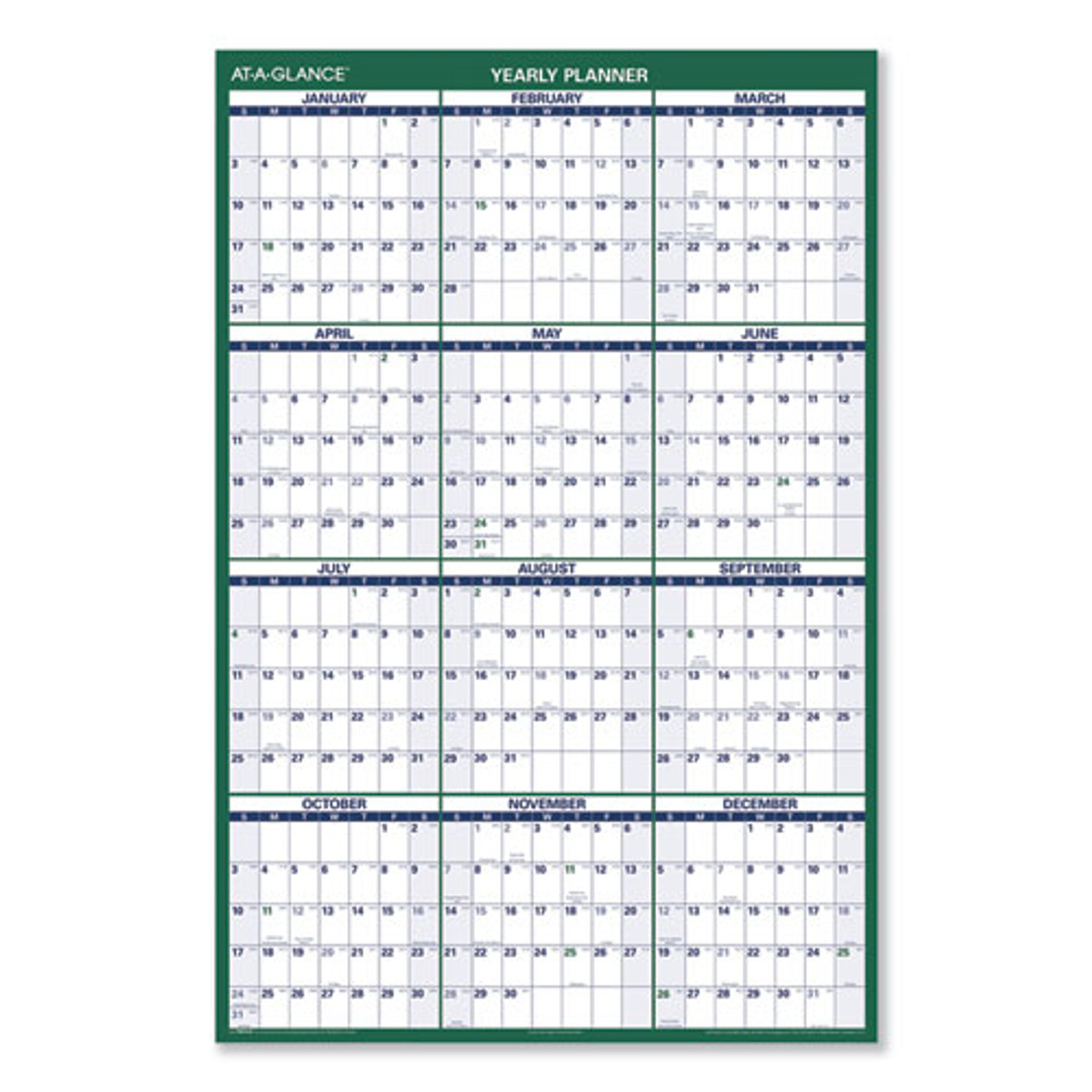 At-A-Glance® Vertical Erasable Wall Planner, 32 x 48, White/Green Sheets, 12-Month (Jan to Dec): 2023, Pack of 1