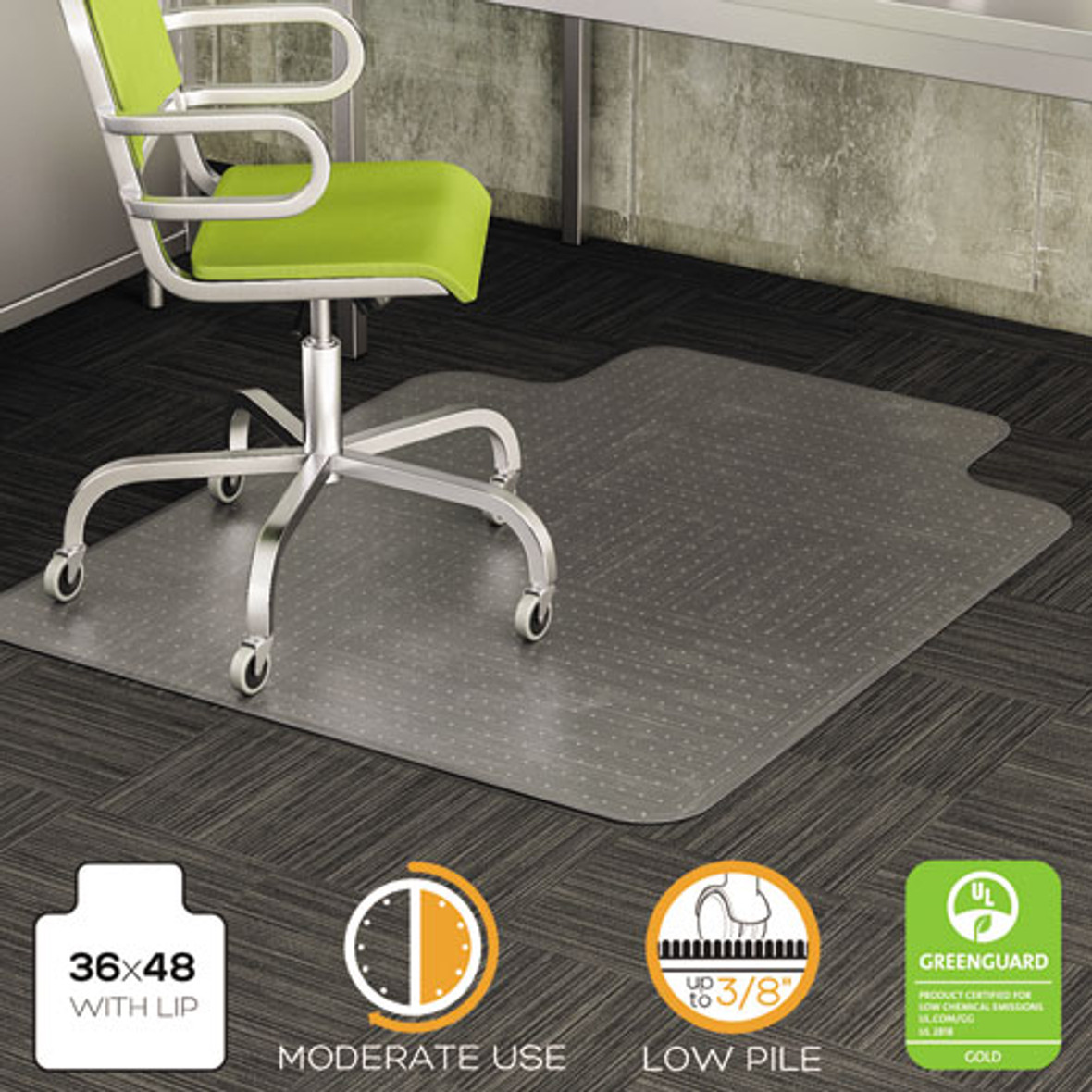 Deflecto® DuraMat Moderate Use Chair Mat, Low Pile Carpet, Flat, 36 x 48, Lipped, Clear, 1 Each/Carton
