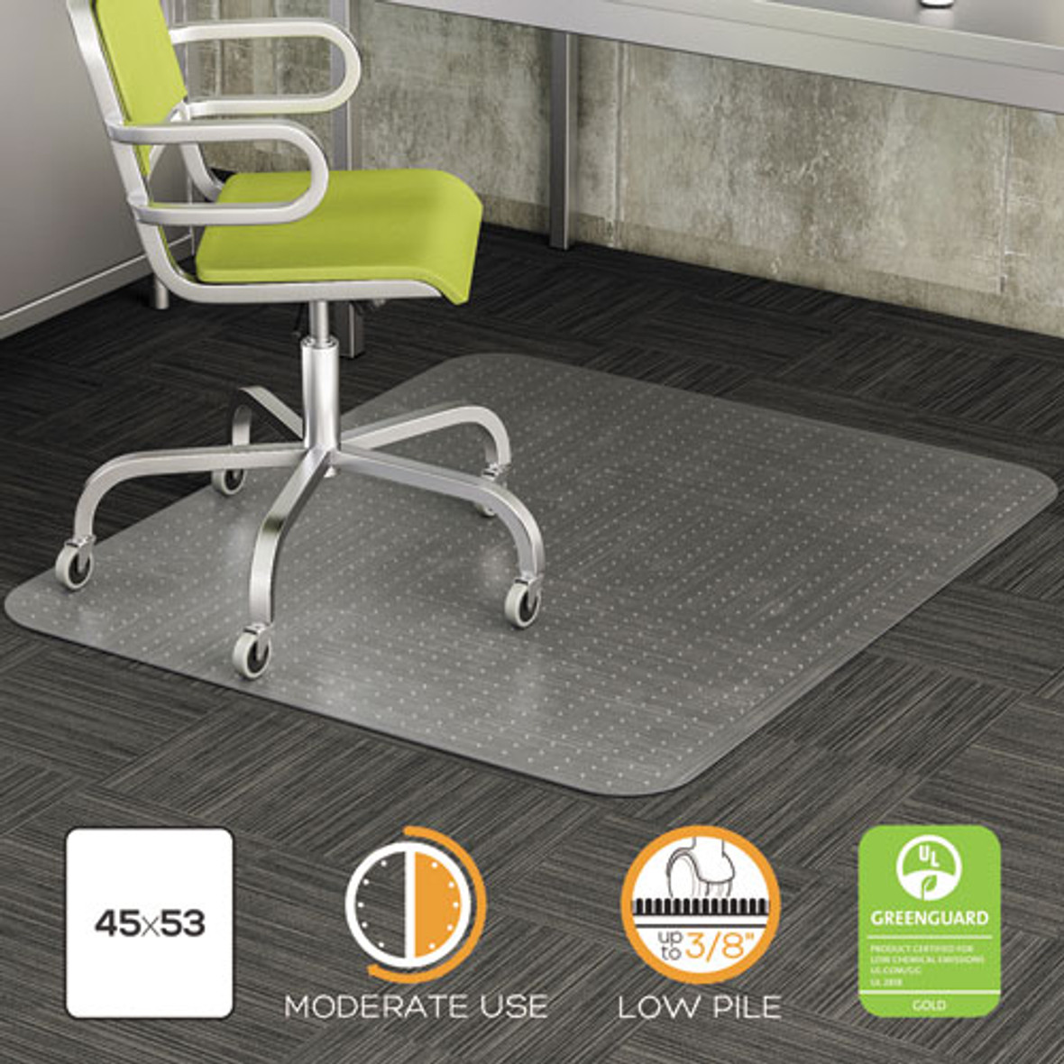 Deflecto® DuraMat Moderate Use Chair Mat, Low Pile Carpet, Flat, 45 x 53, Rectangle, Clear, 1 Each/Carton