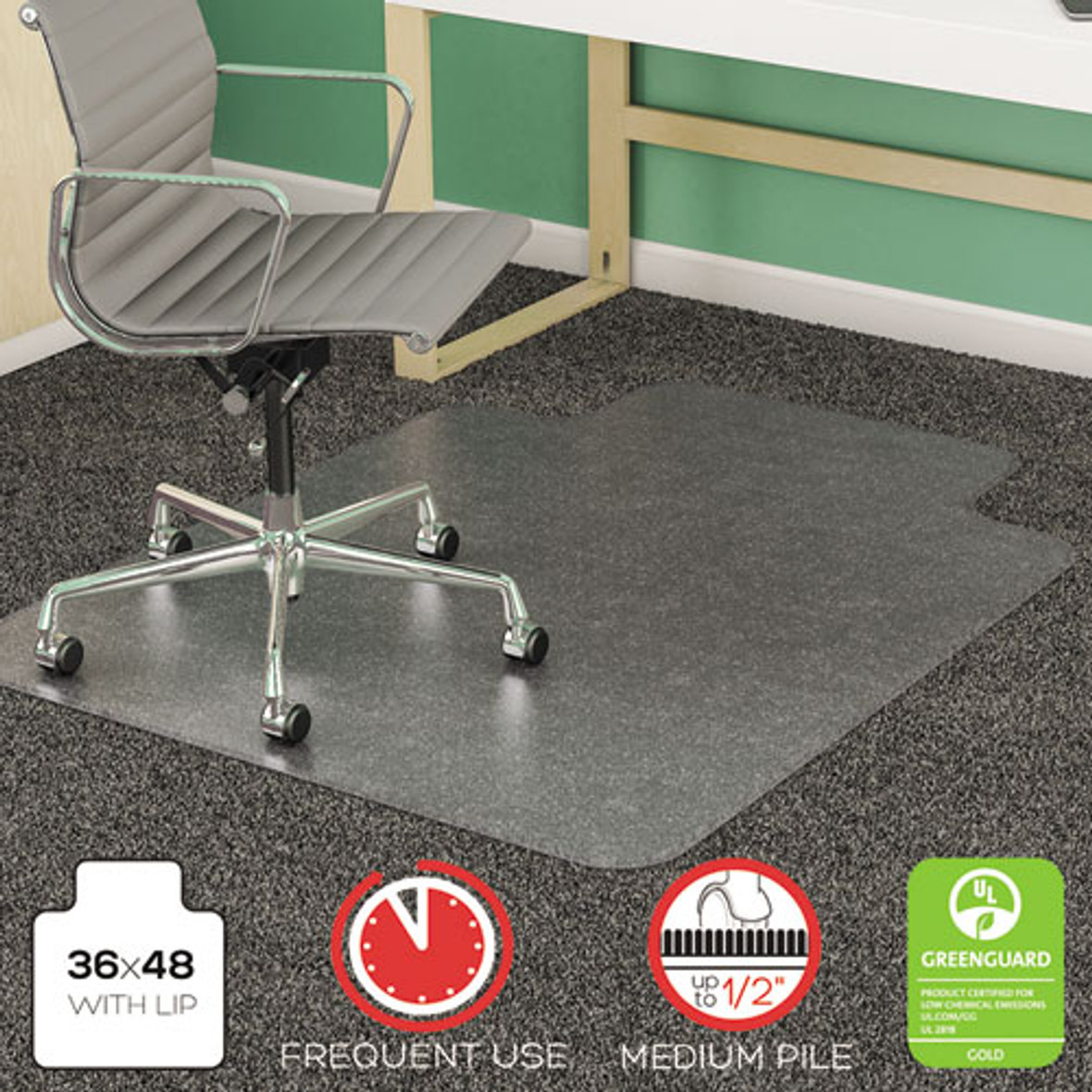 Deflecto® SuperMat Frequent Use Chair Mat, Med Pile Carpet, Flat, 36 x 48, Lipped, Clear, 1 Each/Carton