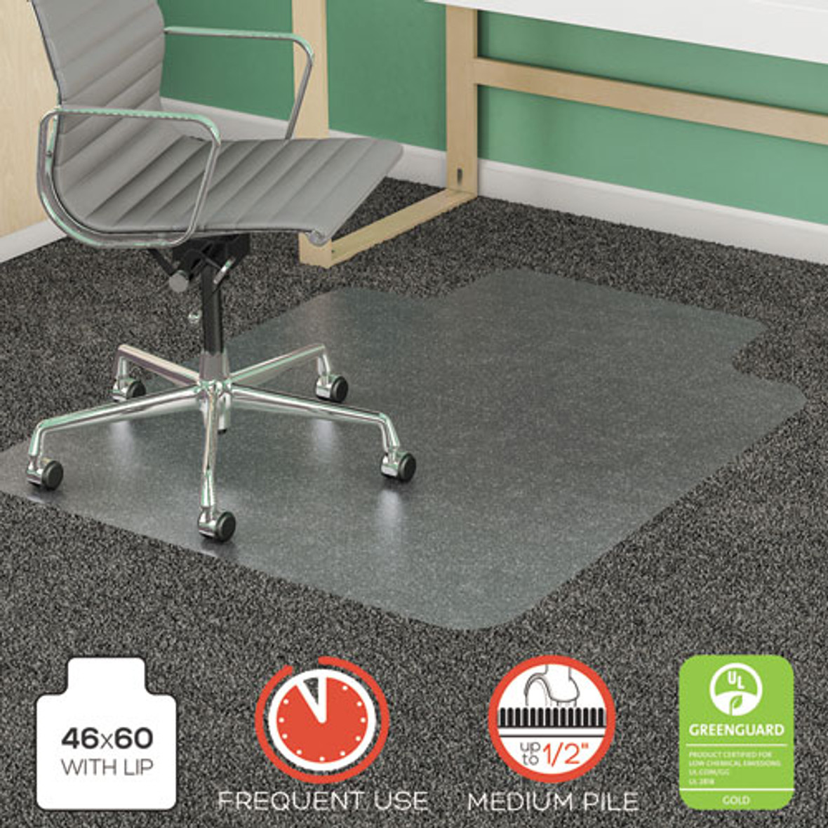 Deflecto® SuperMat Frequent Use Chair Mat For Medium Pile Carpet, 46 x 60, Wide Lipped, Clear, 1 Each/Carton