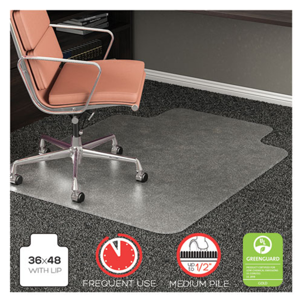 Deflecto® RollaMat Frequent Use Chair Mat, Med Pile Carpet, Flat, 36 x 48, Lipped, Clear, 1 Each/Carton