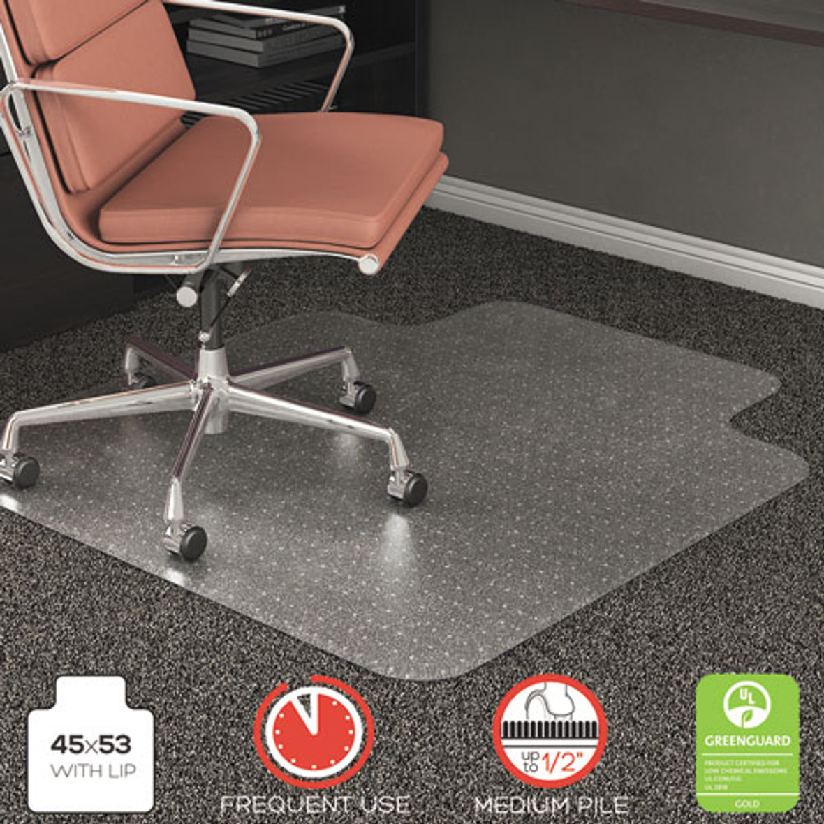 Deflecto® RollaMat Frequent Use Chair Mat, Med Pile Carpet, Flat, 45 x 53, Wide Lipped, Clear, 1 Each/Carton