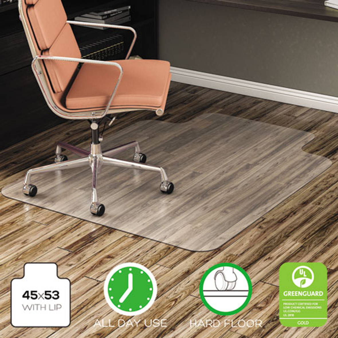 Deflecto® Economat All Day Use Chair Mat For Hard Floors, 45 x 53, Wide Lipped, Clear, 1 Each/Carton