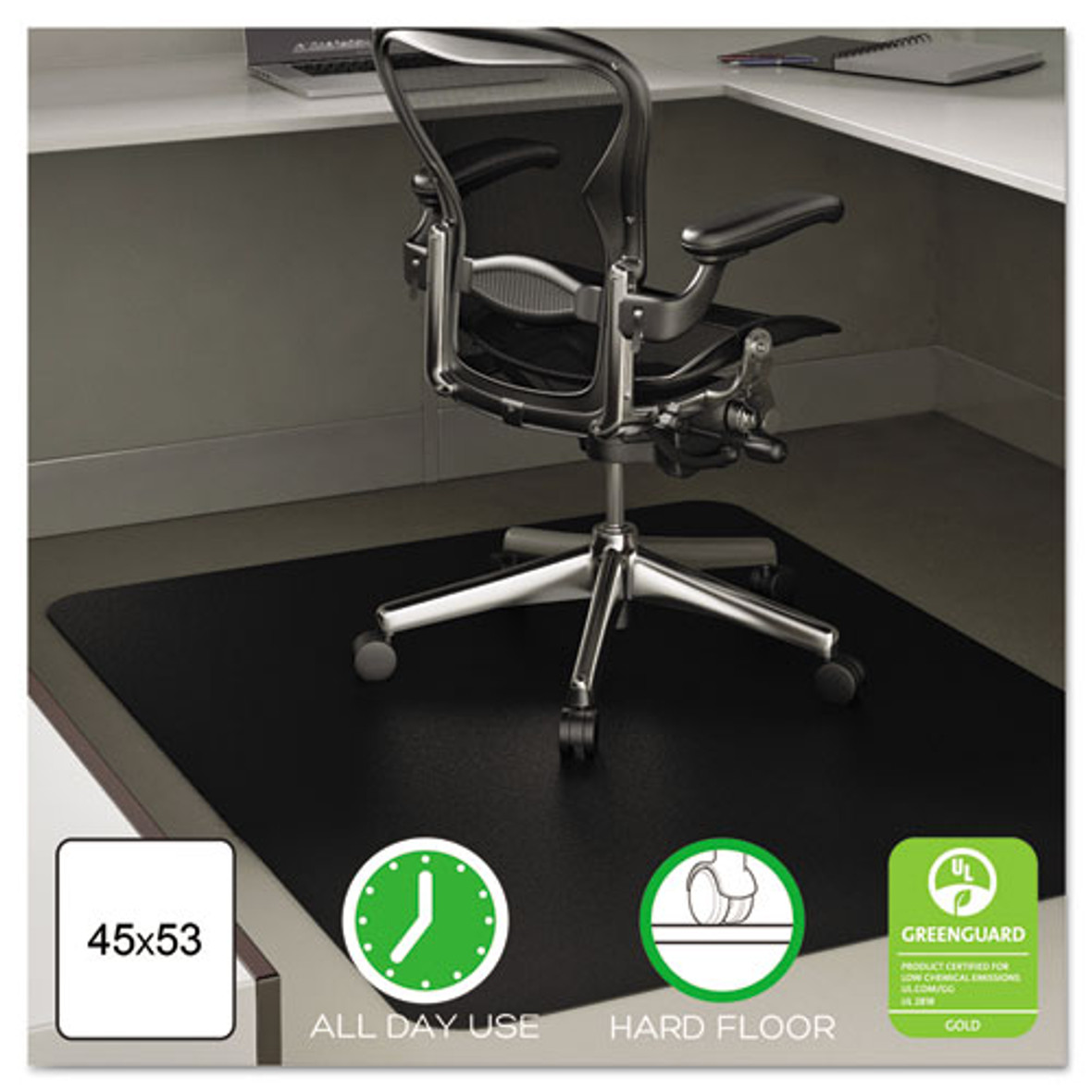 Deflecto® Economat All Day Use Chair Mat For Hard Floors, 45 x 53, Rectangular, Black, 1 Each/Carton