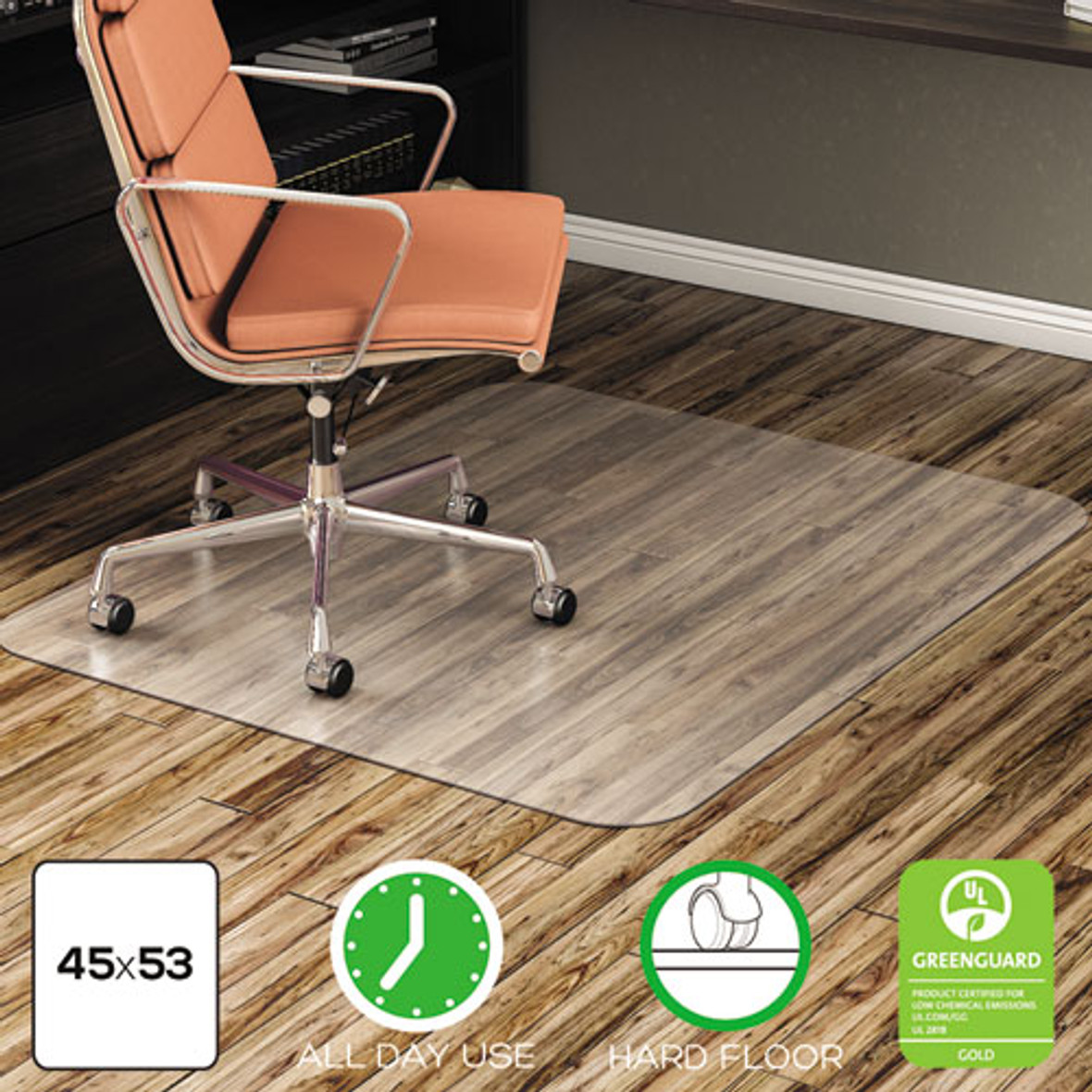 Deflecto® Economat All Day Use Chair Mat For Hard Floors, 45 x 53, Rectangular, Clear, 1 Each/Carton