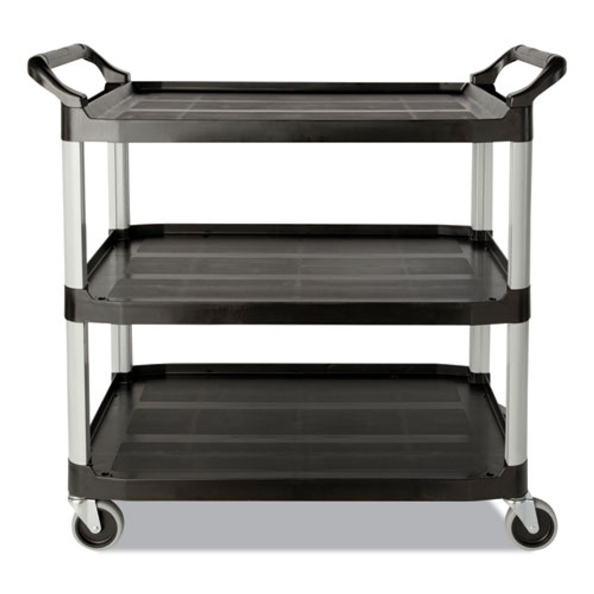 Rubbermaid® Economy Plastic Cart, Three-shelf, 18.63w x 33.63d x 37.75h, Black, 1 Each/Carton