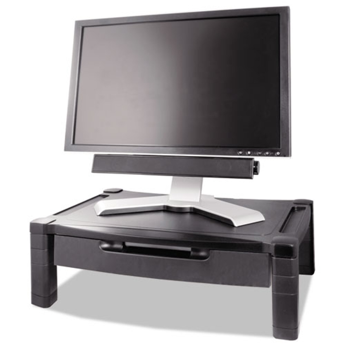 Kantek Wide Deluxe Two-Level Monitor Stand, 20" x 13.25" x 3" to 6.5", Black, Supports 50 lbs