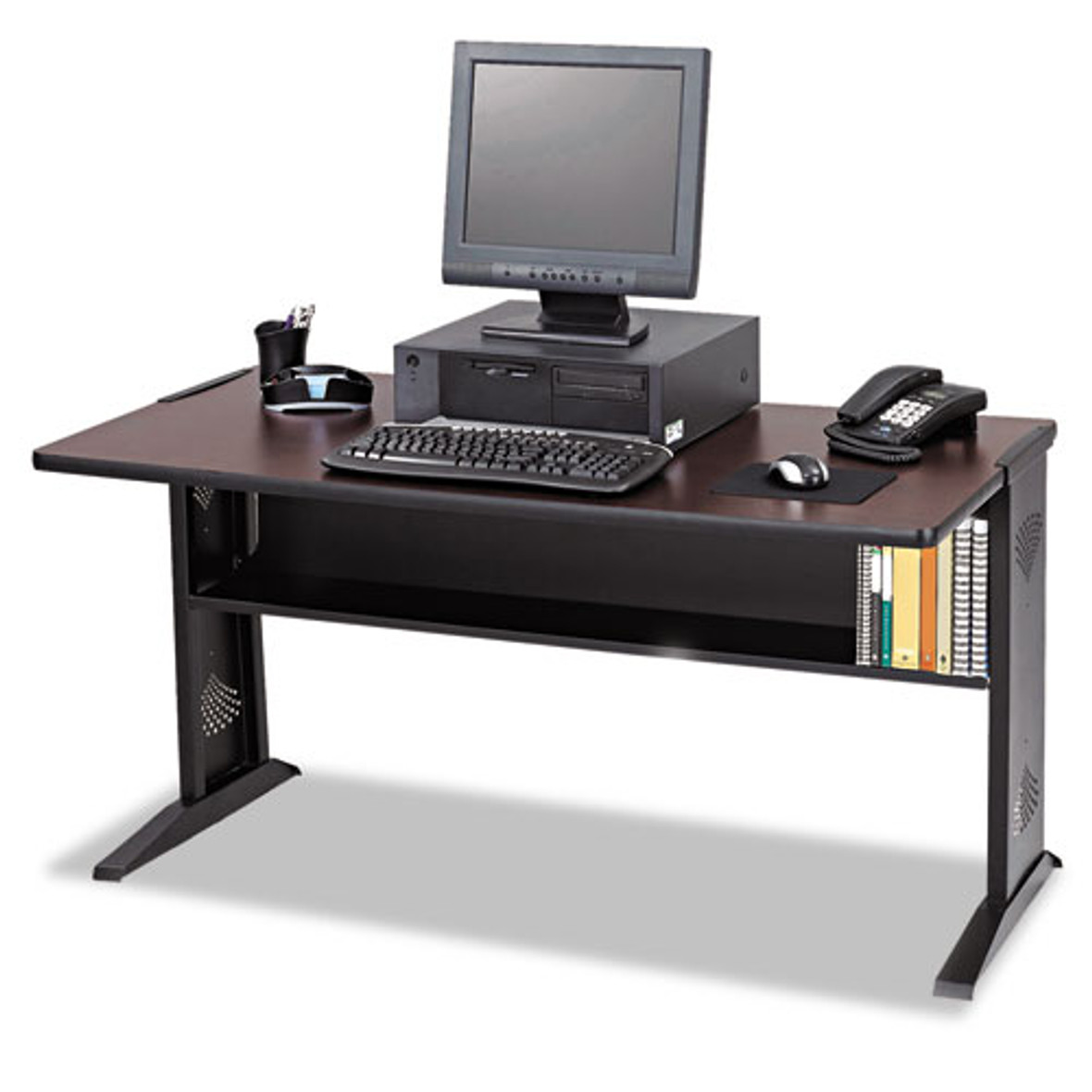 Safco® Computer Desk With Reversible Top, 47.5" x 28" x 30", Mahogany/Medium Oak/Black, 1 Each/Carton