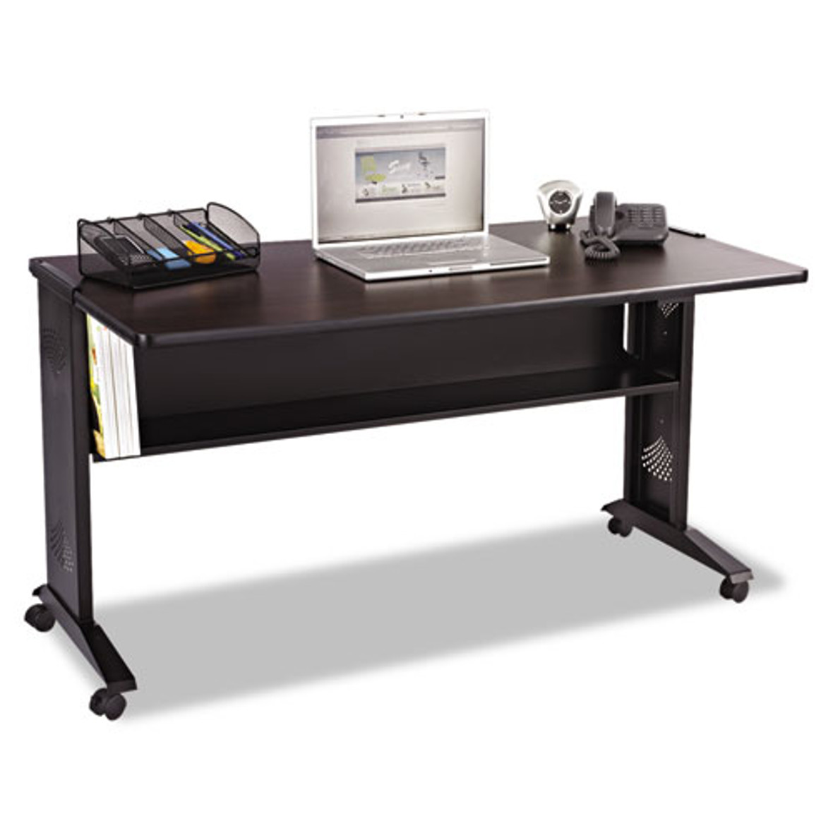 Safco® Mobile Computer Desk With Reversible Top, 53.5" x 28" x 30", Mahogany/Medium Oak/Black, 1 Each/Carton