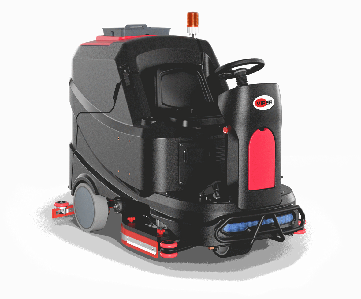 Viper AS1050R: 39", 53-Gal, Ride On Scrubber, Pad Drivers, Brushes, 44.5" Squeegee Assembly, Shelf Charger, No Batteries