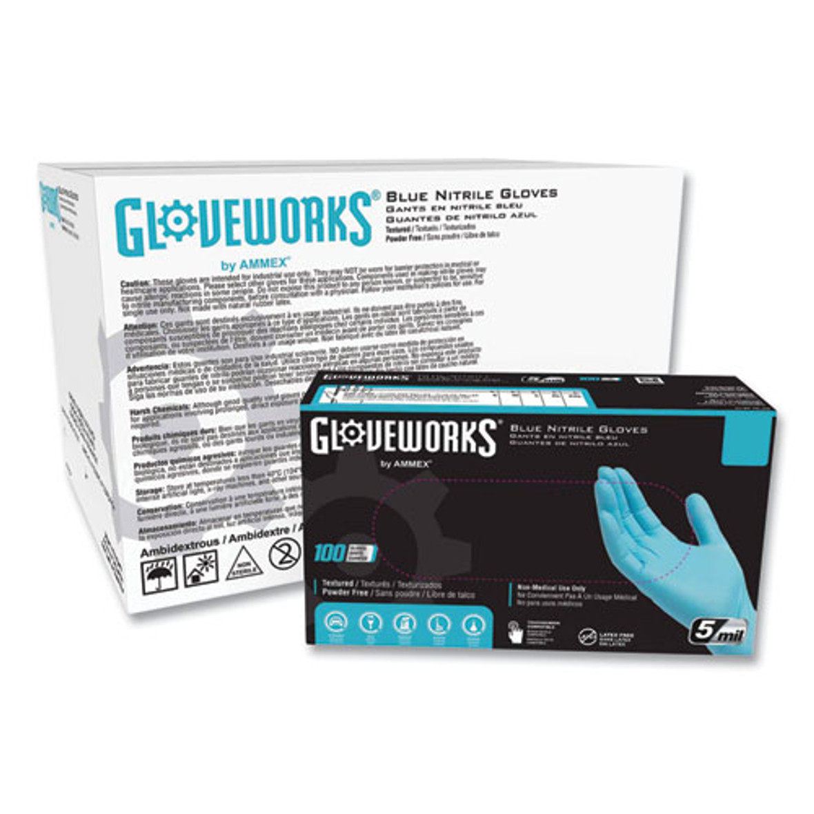 GloveWorks by AMMEX Industrial Nitrile Gloves, Powder-free, 5 Mil, Small, Blue, 100 Gloves/box, 10 Boxes/carton