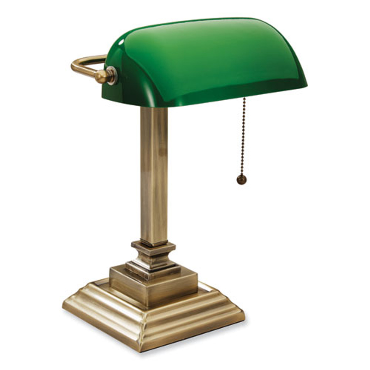 V-Light LED Banker's Lamp With Green Shade, USB Charging Port, Candlestick Neck, 15" High, Antique Brass