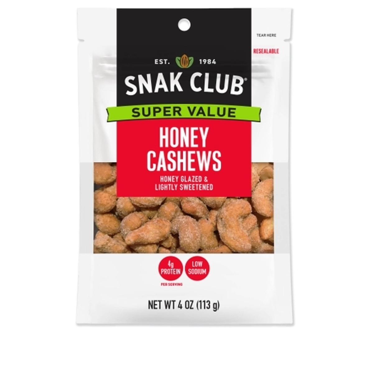 Snak Club Century Snacks Honey Cashews, 4 Ounces, 6 Per Case