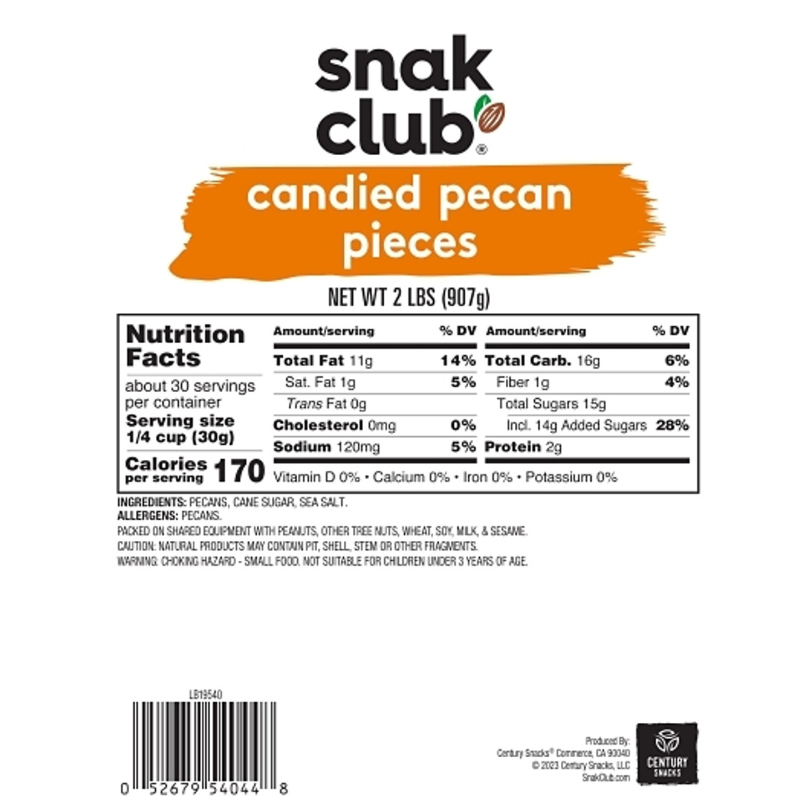 Snak Club Candied Pecan Pieces, 32 Ounce, 3 per case