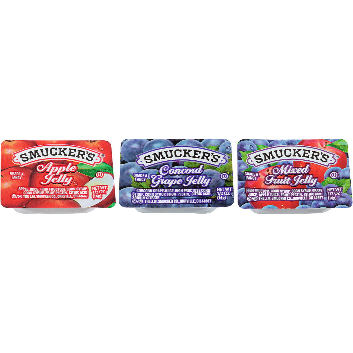 Smucker s Assortment 50 Apple, 100 Grape, 50 Mixed Fruit Jelly, 0.5 Ounces, 200 Per Case